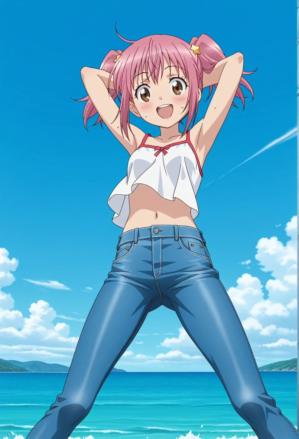 score_9, score_8_up, score_7_up, source_anime, highres, hi res, ((best quality, top quality, perfect quality, Highest Quality, amazing quality)), {{masterpiece}}, {{an extremely delicate and beautiful}}, 2d, intricate details, official style, anime, 8k, anime style, official_anime, official art, digital painting, cell shading, soft shading, high resolution, soothing tones, Subdued Color, Soft cinematic light, adobe lightroom, photolab, HDR, intricately and hyper-detailed, ((high quality animation)), 1 girl, Alone, solo, ((ocean)), tsunami, on the water, day, sunny, outdoors, sky, windy, natsumi hinata, Sgt. Frog, short hair, twintails, pink hair, brown eyes, anime screencap, small , white camisole top, crop top, white crop top, best quality, hyper-detailed jeans, ((blue jeans:1.9)), (dark blue jeans:0.6), full medium body, medium shot, Open mouth, smiling, happy face, blush, sweat, standing, ((arms behind head:6.0)), ((perfect arm line:2.5)), bowlegged, jumping pose, action, looking at viewer, , Bend knees slightly, straight-on front view