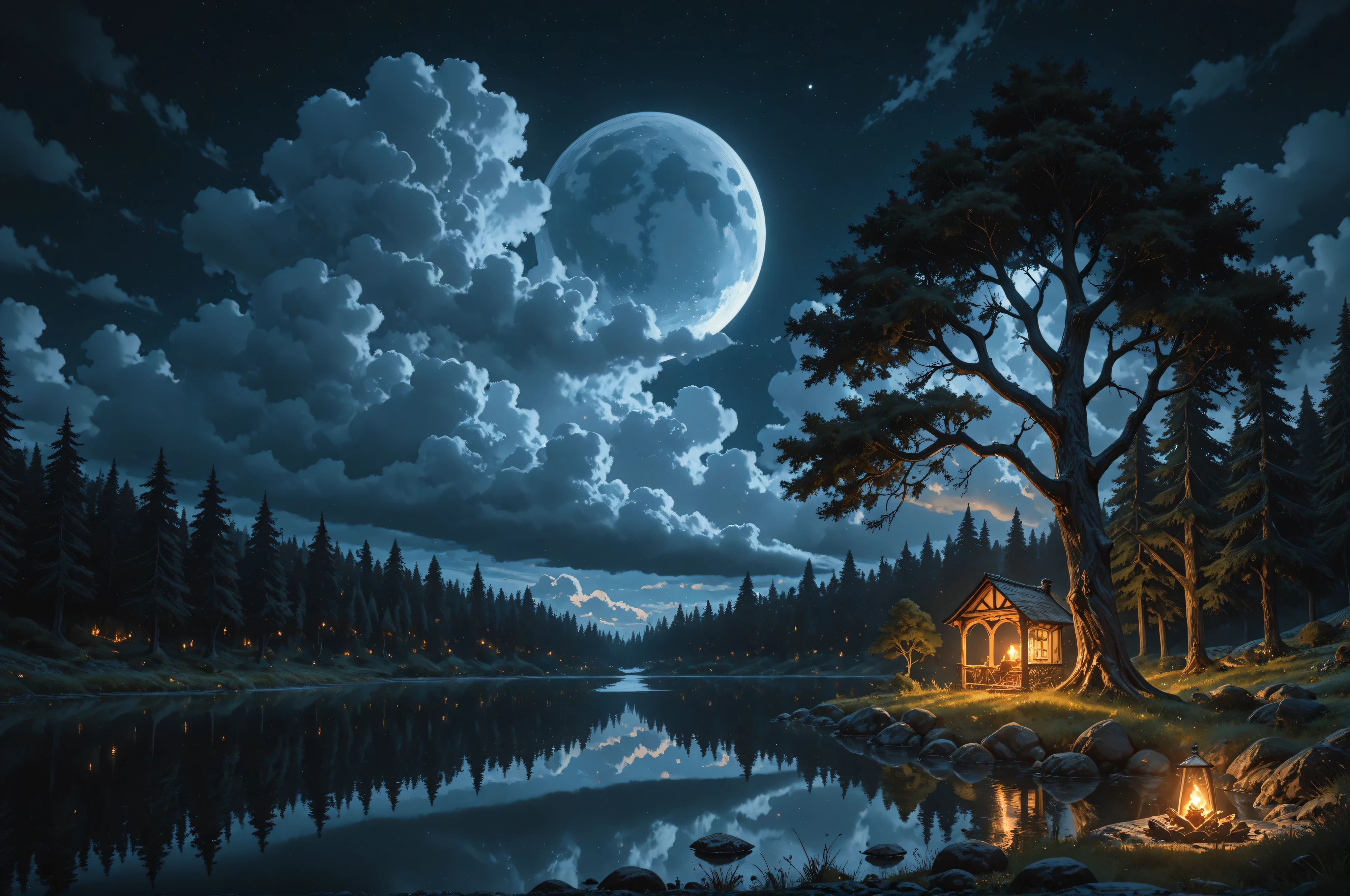 Movie Still,Film Still,Cinematic,Cinematic Shot,Cinematic Lighting,a picture of there is tranquil lake at night, a moon in the sky, some clouds, some trees, old trees, female mink meditating, 16k, highres, best quality, high details, ultra detailed, masterpiece, best quality, (extremely detailed), arafed, dnd art, 