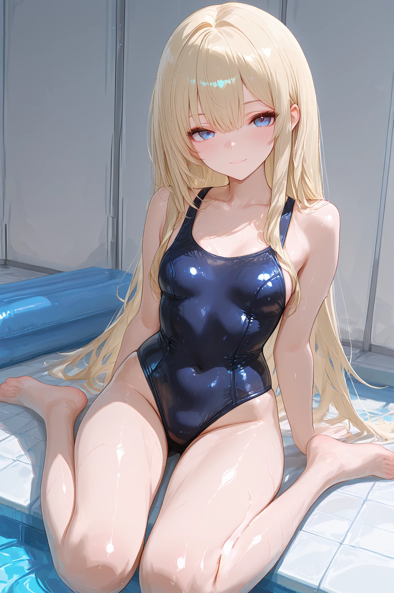 ((masterpiece,best quality anime,Highest quality:1.3)),realistic,cowboy shot,1woman,solo,(2 beauty),((very small head:1.4)),((very long body:1.4)),blonde hair,straight long hair,gorgeous big eyes,Blue eyes,((tan skin:1.3)),((slender body:1.4,skinny)),((Light green leotard))、clavicle、shoulder, (white_thighhighs),medium breasts,gleaming skin,shiny skin,oily skin:1.3,sweat,Concrete wall、basement,Jail、