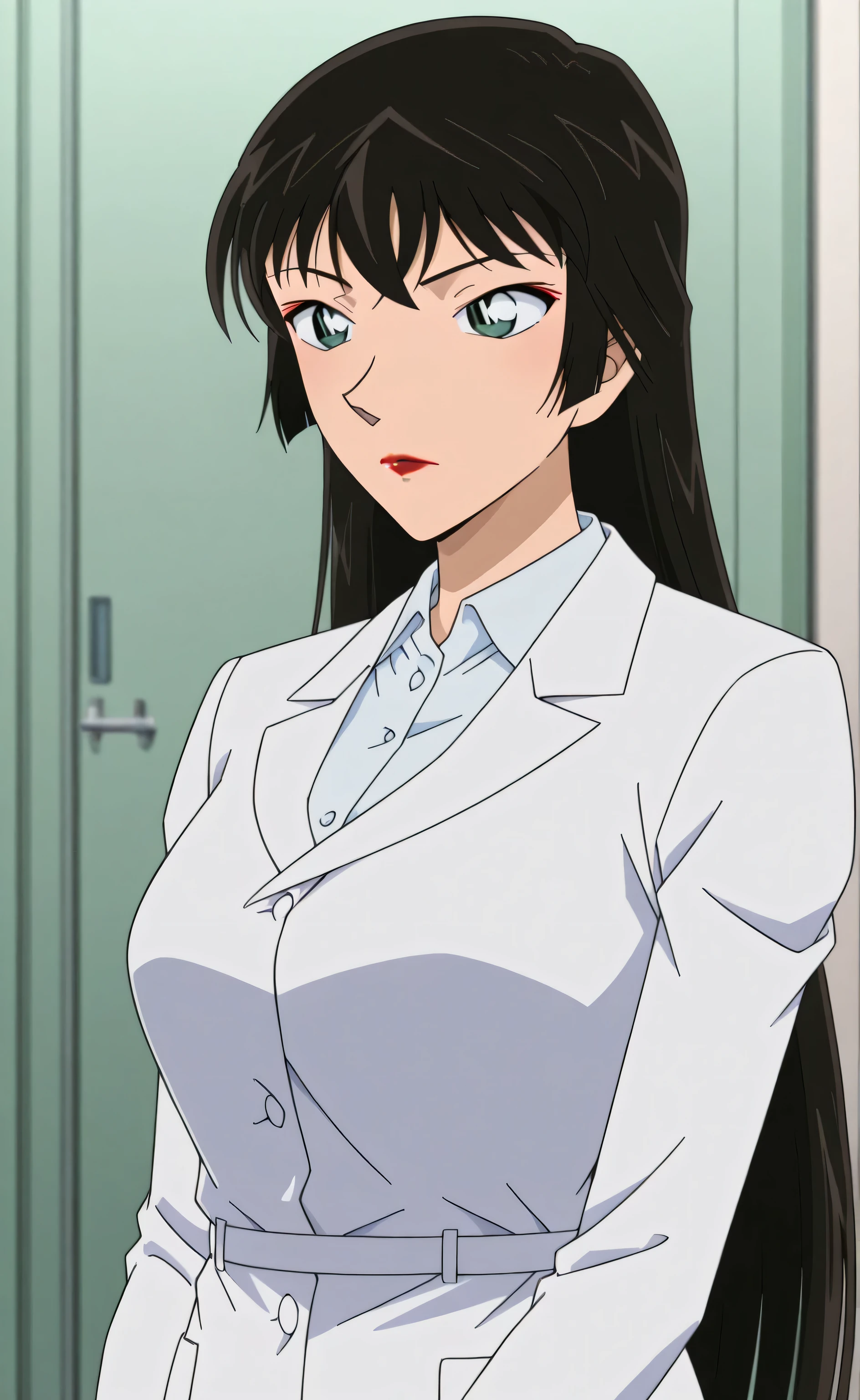 1female, solo, Nao Kadena, middle-age, black hair, long hair, hime cut-hair, green eyes, grim, red lipsticks, white coat, white dress-shirt, black skirt, doctor, hospital, female focus, portrait, Detective Conan Style
