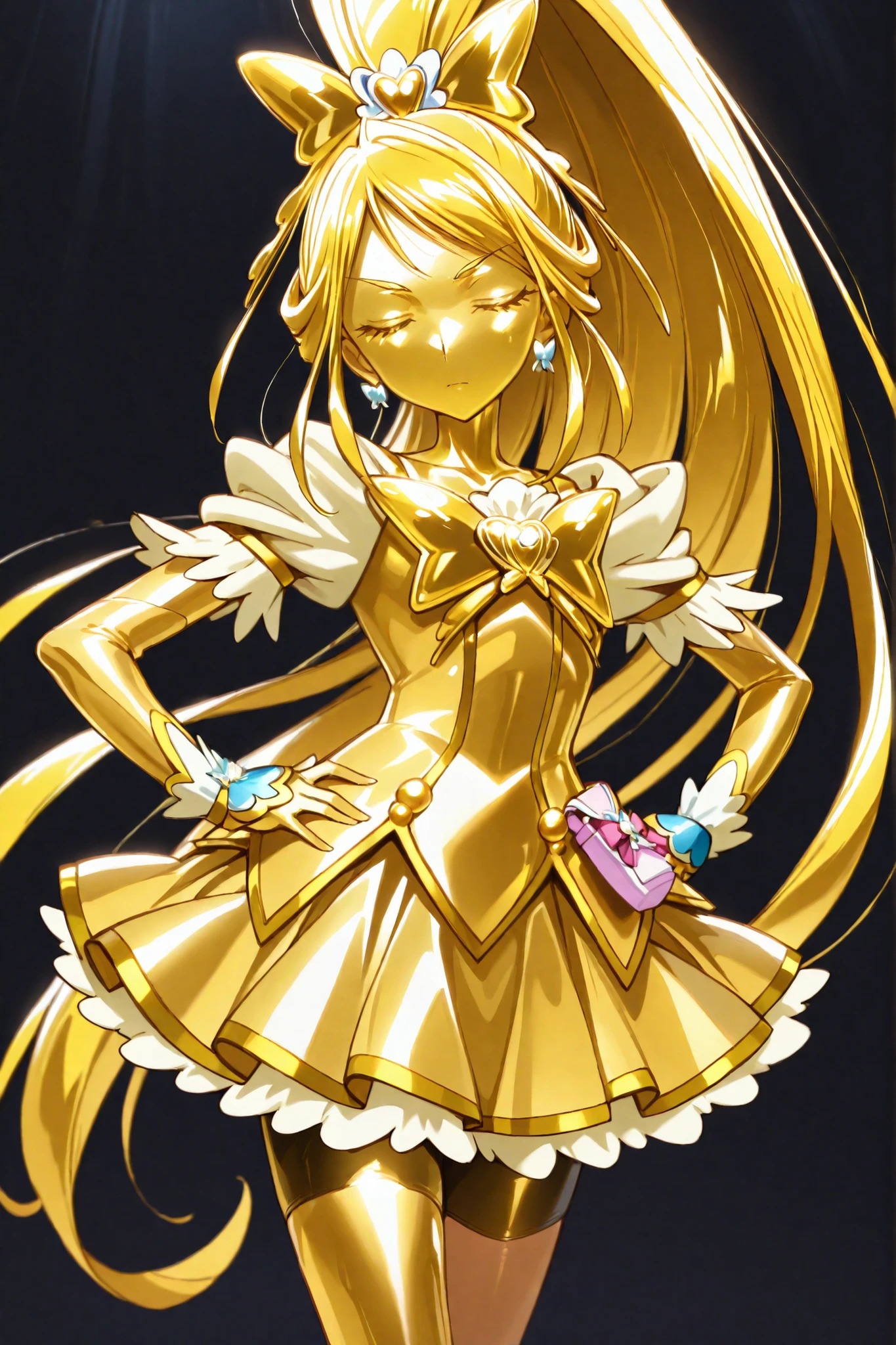 Cure Aqua, masterpiece, Highest Quality, Newest, very high resolution, eyes closed, gold髪,  yellow sclera , close your mouth,  no student , yellow skin, shiny skin,  gold属の肌, Black eyebrows, Drooping eyebrows, 1girl, solo, cowboy shot, standing, Dynamic, I'm watching viewers, I'm sleeping, serious expression as of the year, Black Background, Place your hands on her hips , wide ponytail, gold_Butterfly Brooch , gold_shorts, gold_butterfly hair ornaments, LONG HAIR, gold_shorts, ponytail, Magical Girl, gold_skirt, bike shorts, gold_shorts under skirt, hair ornaments, gold_gem, high ponytail, Metallic Outfit