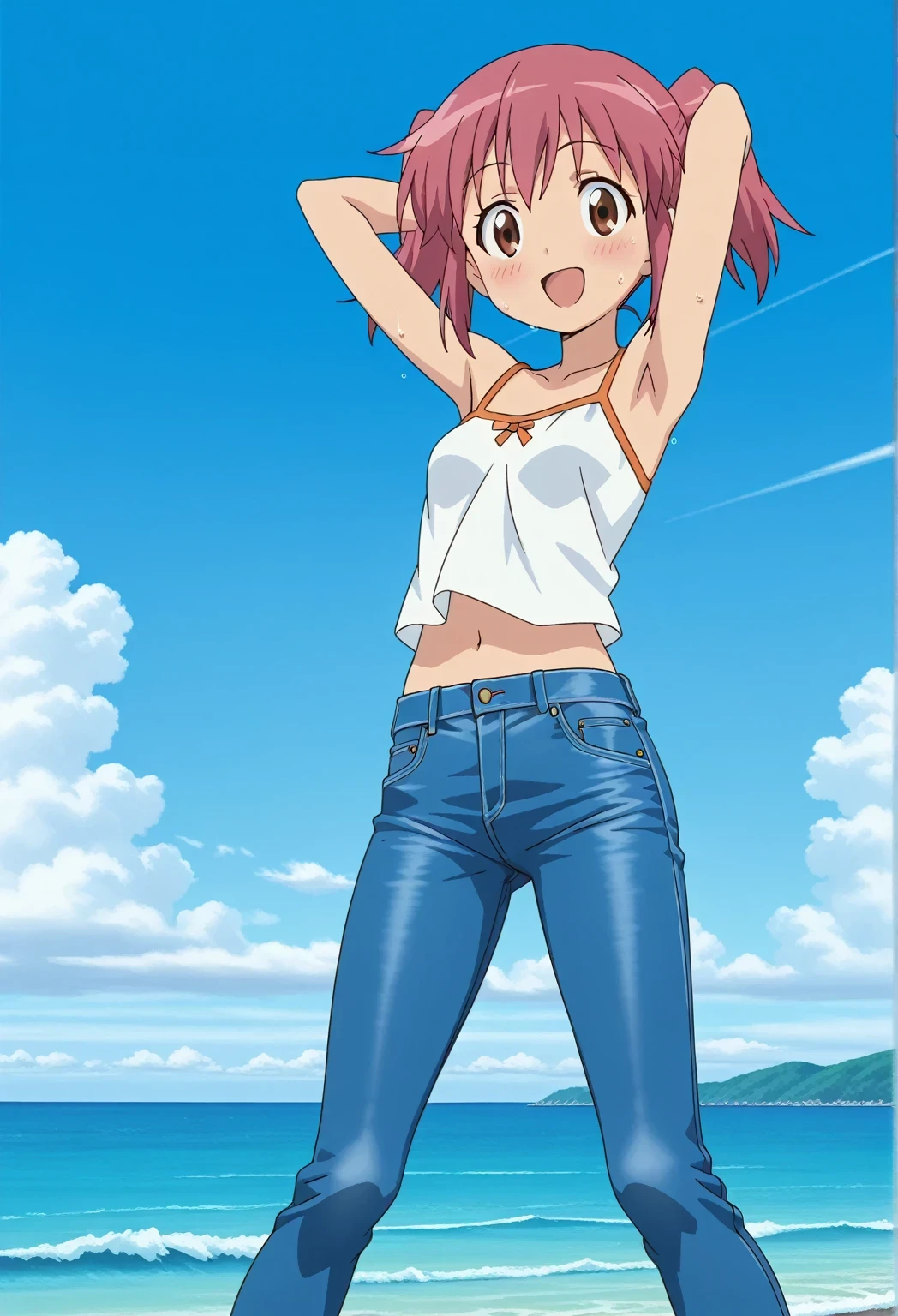 score_9, score_8_up, score_7_up, source_anime, highres, hi res, ((best quality, top quality, perfect quality, Highest Quality, amazing quality)), {{masterpiece}}, {{an extremely delicate and beautiful}}, 2d, intricate details, official style, anime, 8k, anime style, official_anime, official art, digital painting, cell shading, soft shading, high resolution, soothing tones, Subdued Color, Soft cinematic light, adobe lightroom, photolab, HDR, intricately and hyper-detailed, ((high quality animation)), 1 girl, Alone, solo, ((ocean)), tsunami, on the water, day, sunny, outdoors, sky, windy, natsumi hinata, Sgt. Frog, short hair, twintails, pink hair, brown eyes, anime screencap, small , white camisole top, crop top, white crop top, best quality, hyper-detailed jeans, ((blue jeans:1.9)), (dark blue jeans:0.6), full medium body, medium shot, Open mouth, smiling, happy face, blush, sweat, standing, ((arms behind head:6.0)), ((perfect arm line:2.5)), bowlegged, jumping pose, action, looking at viewer, , Bend knees slightly, straight-on front view