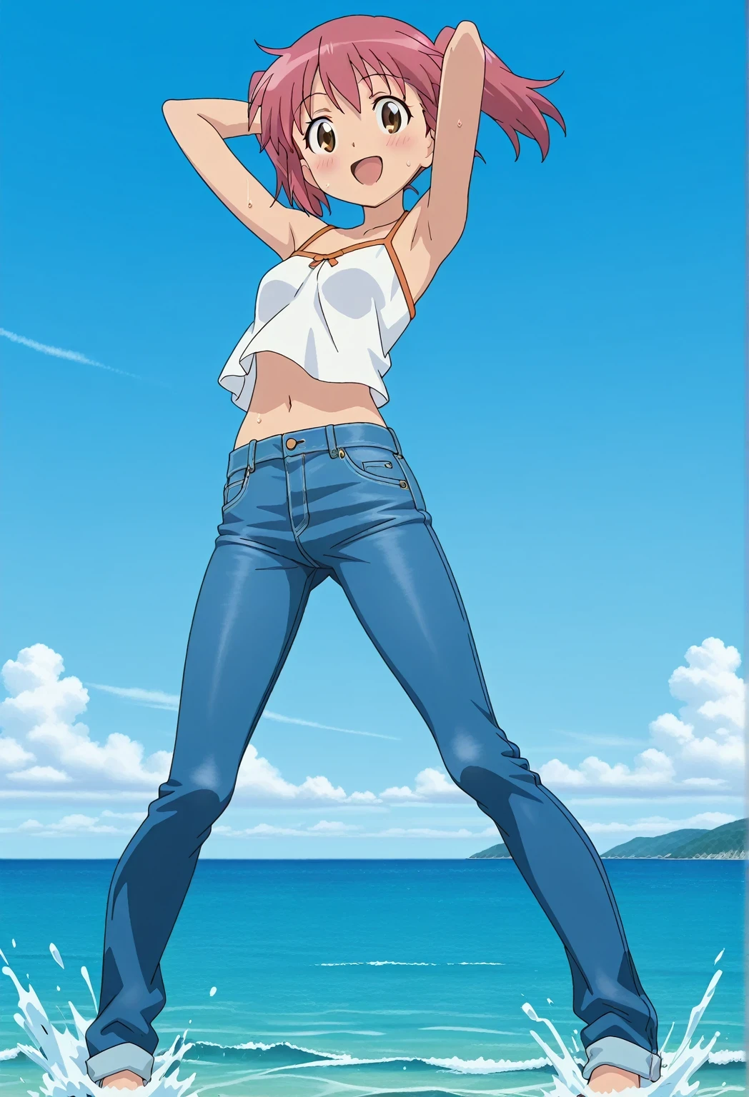 score_9, score_8_up, score_7_up, source_anime, highres, hi res, ((best quality, top quality, perfect quality, Highest Quality, amazing quality)), {{masterpiece}}, {{an extremely delicate and beautiful}}, 2d, intricate details, official style, anime, 8k, anime style, official_anime, official art, digital painting, cell shading, soft shading, high resolution, soothing tones, Subdued Color, Soft cinematic light, adobe lightroom, photolab, HDR, intricately and hyper-detailed, ((high quality animation)), 1 girl, Alone, solo, ((ocean)), tsunami, on the water, day, sunny, outdoors, sky, windy, natsumi hinata, Sgt. Frog, short hair, twintails, pink hair, brown eyes, anime screencap, small , white camisole top, crop top, white crop top, best quality, hyper-detailed jeans, ((blue jeans:1.9)), (dark blue jeans:0.6), full medium body, medium shot, Open mouth, smiling, happy face, blush, sweat, standing, ((arms behind head:6.0)), ((perfect arm line:2.5)), bowlegged, jumping pose, action, looking at viewer, , Bend knees slightly, straight-on front view