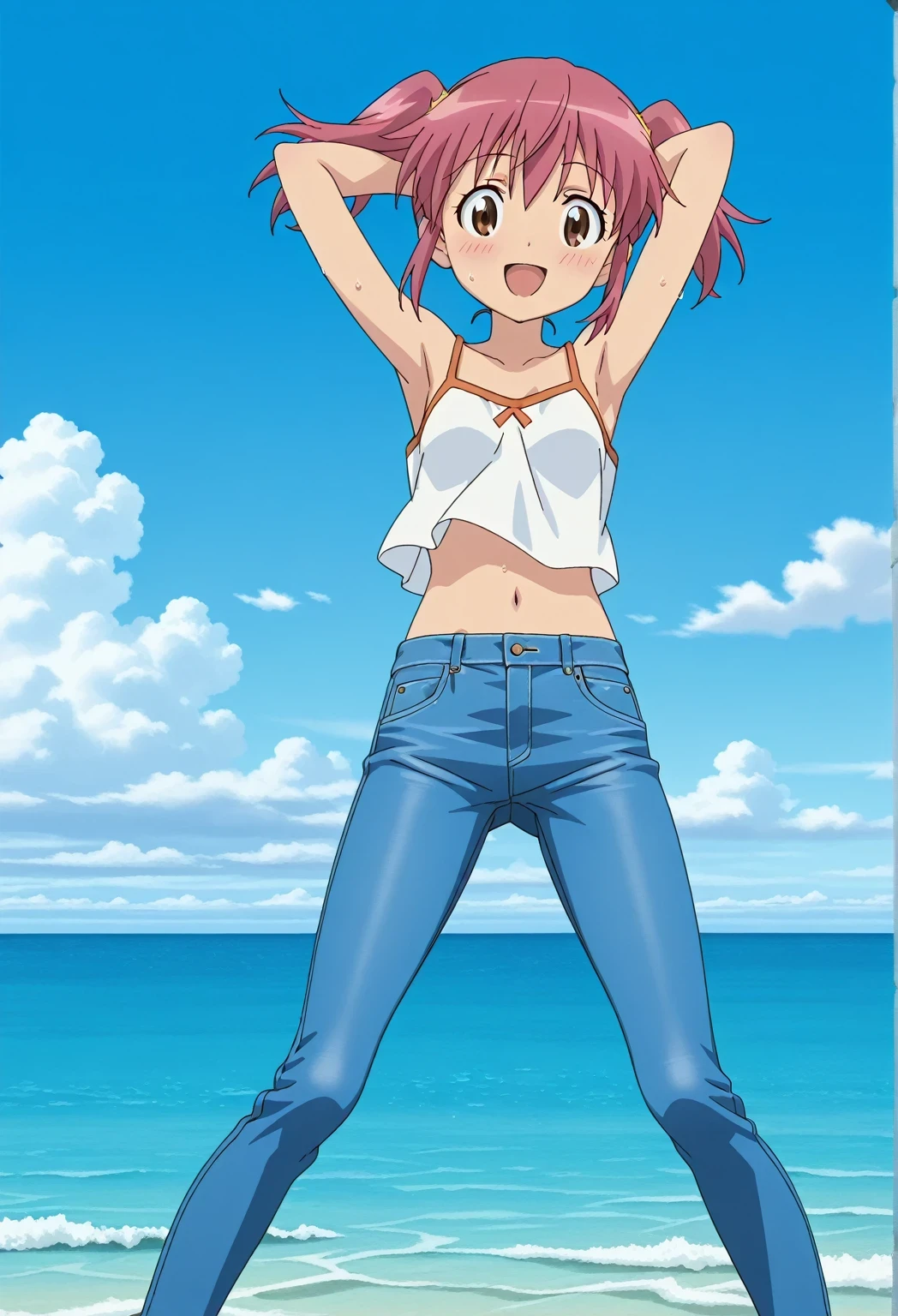 score_9, score_8_up, score_7_up, source_anime, highres, hi res, ((best quality, top quality, perfect quality, Highest Quality, amazing quality)), {{masterpiece}}, {{an extremely delicate and beautiful}}, 2d, intricate details, official style, anime, 8k, anime style, official_anime, official art, digital painting, cell shading, soft shading, high resolution, soothing tones, Subdued Color, Soft cinematic light, adobe lightroom, photolab, HDR, intricately and hyper-detailed, ((high quality animation)), 1 girl, Alone, solo, ((ocean)), tsunami, on the water, day, sunny, outdoors, sky, windy, natsumi hinata, Sgt. Frog, short hair, twintails, pink hair, brown eyes, anime screencap, small , white camisole top, crop top, white crop top, best quality, hyper-detailed jeans, ((blue jeans:1.9)), (dark blue jeans:0.6), full medium body, medium shot, Open mouth, smiling, happy face, blush, sweat, standing, ((arms behind head:6.0)), ((perfect arm line:2.5)), bowlegged, jumping pose, action, looking at viewer, , Bend knees slightly, straight-on front view