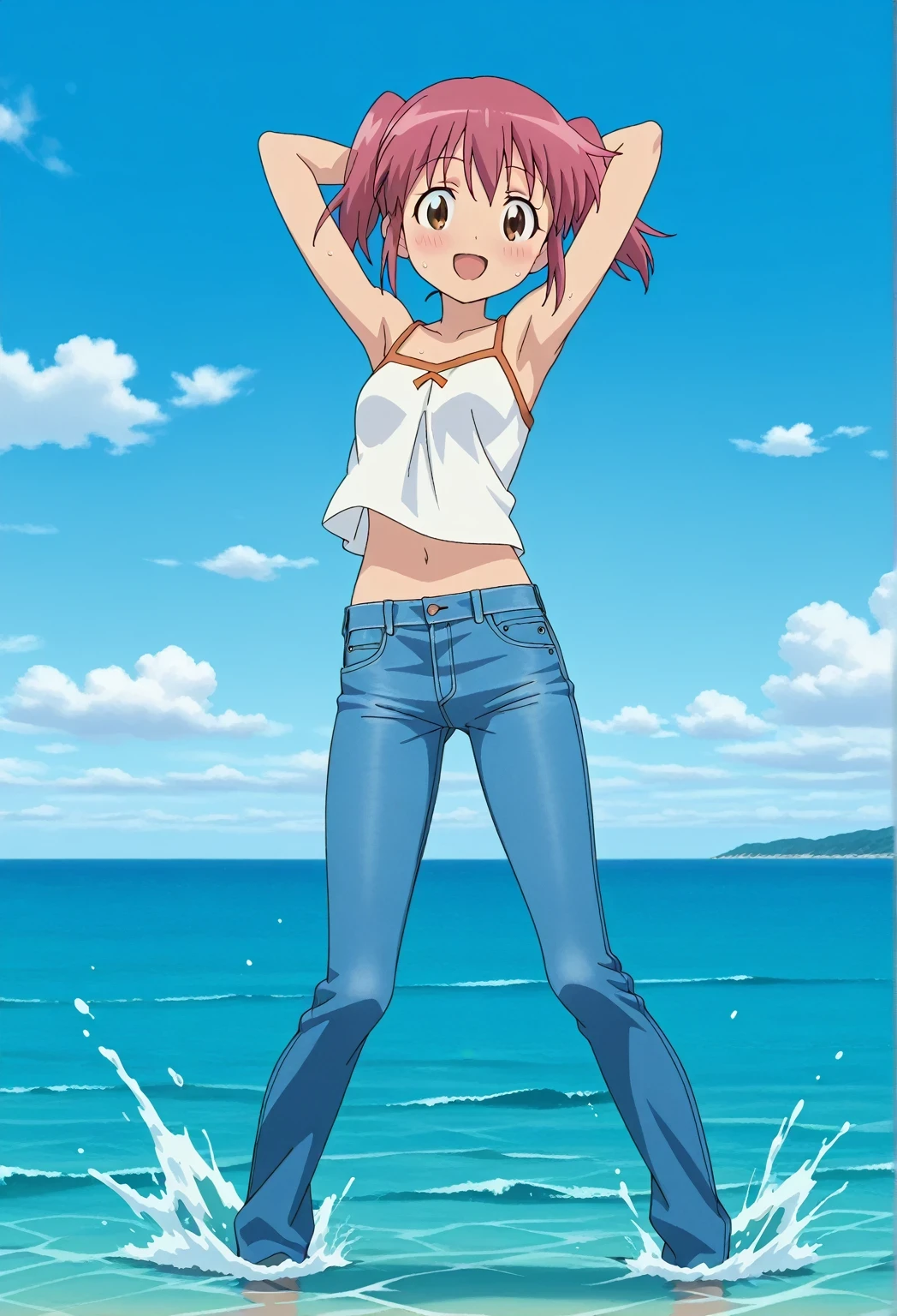 score_9, score_8_up, score_7_up, source_anime, highres, hi res, ((best quality, top quality, perfect quality, Highest Quality, amazing quality)), {{masterpiece}}, {{an extremely delicate and beautiful}}, 2d, intricate details, official style, anime, 8k, anime style, official_anime, official art, digital painting, cell shading, soft shading, high resolution, soothing tones, Subdued Color, Soft cinematic light, adobe lightroom, photolab, HDR, intricately and hyper-detailed, ((high quality animation)), 1 girl, Alone, solo, ((ocean)), tsunami, on the water, day, sunny, outdoors, sky, windy, natsumi hinata, Sgt. Frog, short hair, twintails, pink hair, brown eyes, anime screencap, small , white camisole top, crop top, white crop top, best quality, hyper-detailed jeans, ((blue jeans:1.9)), (dark blue jeans:0.6), full medium body, medium shot, Open mouth, smiling, happy face, blush, sweat, standing, ((arms behind head:6.0)), ((perfect arm line:2.5)), bowlegged, jumping pose, action, looking at viewer, , Bend knees slightly, straight-on front view