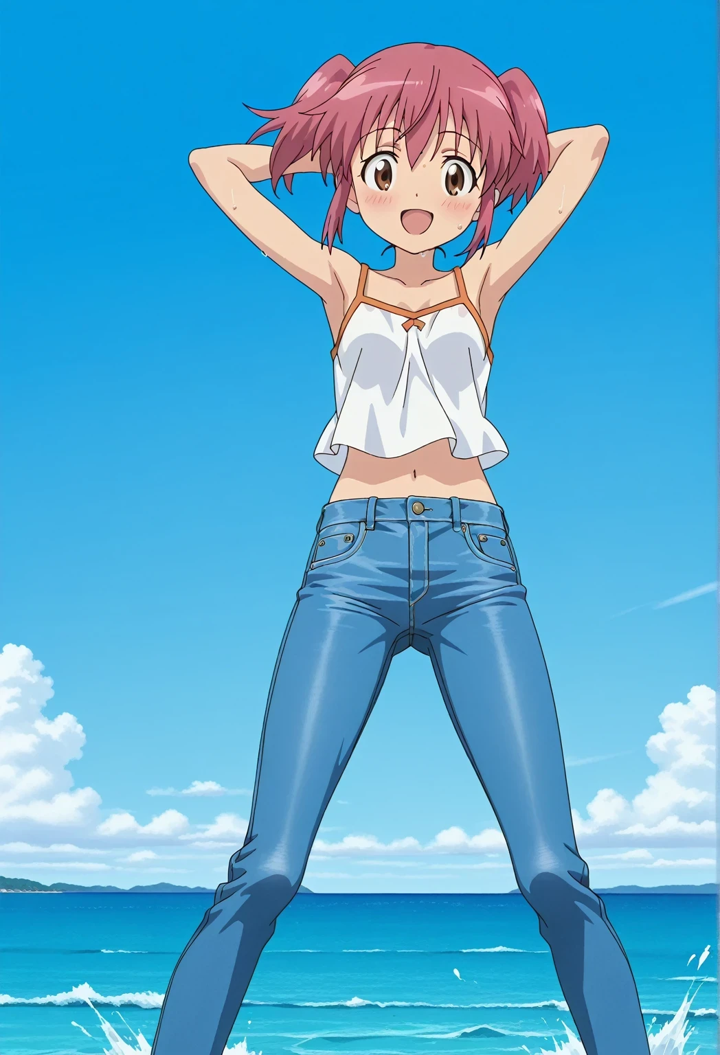 score_9, score_8_up, score_7_up, source_anime, highres, hi res, ((best quality, top quality, perfect quality, Highest Quality, amazing quality)), {{masterpiece}}, {{an extremely delicate and beautiful}}, 2d, intricate details, official style, anime, 8k, anime style, official_anime, official art, digital painting, cell shading, soft shading, high resolution, soothing tones, Subdued Color, Soft cinematic light, adobe lightroom, photolab, HDR, intricately and hyper-detailed, ((high quality animation)), 1 girl, Alone, solo, ((ocean)), tsunami, on the water, day, sunny, outdoors, sky, windy, natsumi hinata, Sgt. Frog, short hair, twintails, pink hair, brown eyes, anime screencap, small , white camisole top, crop top, white crop top, best quality, hyper-detailed jeans, ((blue jeans:1.9)), (dark blue jeans:0.6), full medium body, medium shot, Open mouth, smiling, happy face, blush, sweat, standing, ((arms behind head:6.0)), ((perfect arm line:2.5)), bowlegged, jumping pose, action, looking at viewer, , Bend knees slightly, straight-on front view