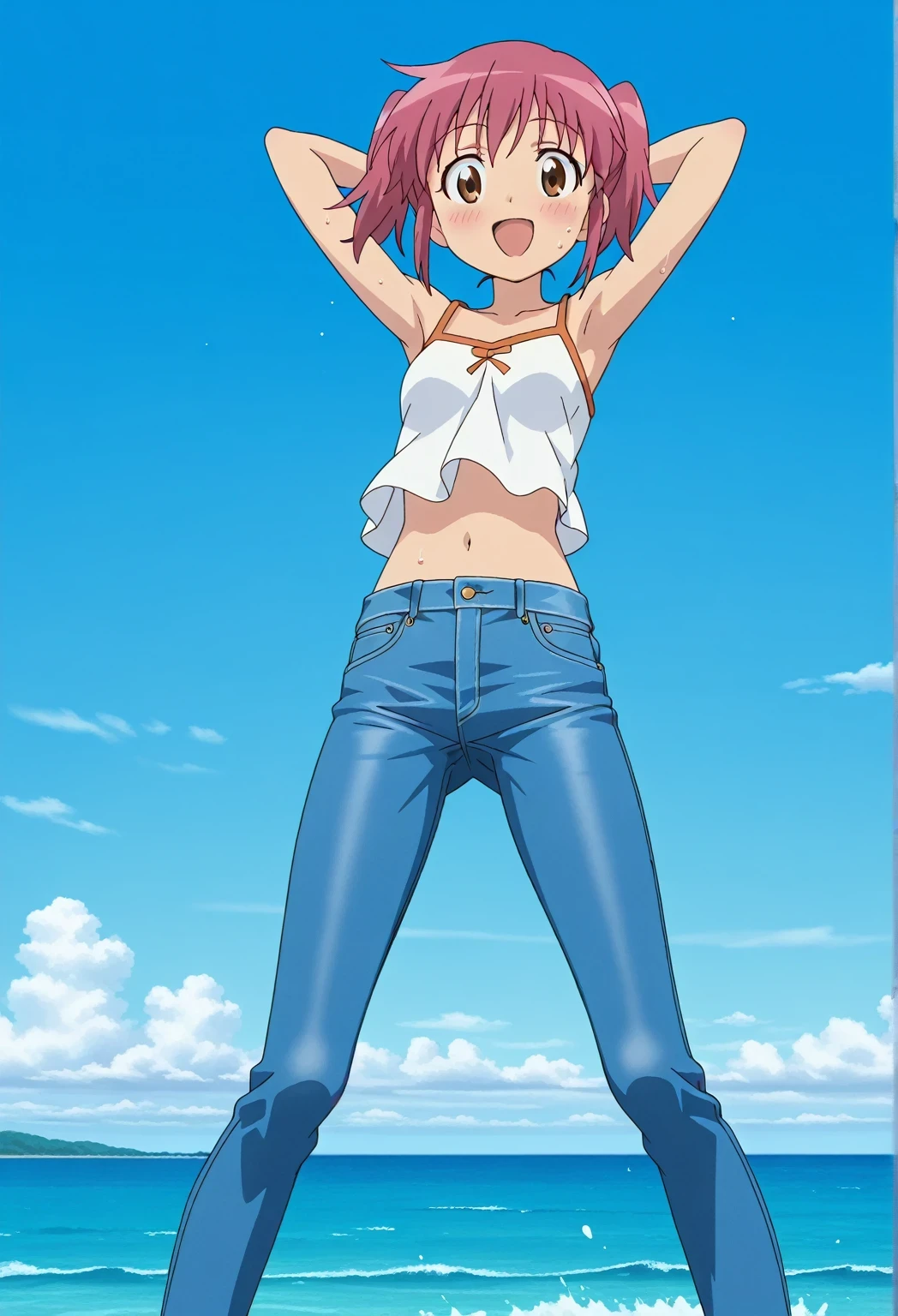 score_9, score_8_up, score_7_up, source_anime, highres, hi res, ((best quality, top quality, perfect quality, Highest Quality, amazing quality)), {{masterpiece}}, {{an extremely delicate and beautiful}}, 2d, intricate details, official style, anime, 8k, anime style, official_anime, official art, digital painting, cell shading, soft shading, high resolution, soothing tones, Subdued Color, Soft cinematic light, adobe lightroom, photolab, HDR, intricately and hyper-detailed, ((high quality animation)), 1 girl, Alone, solo, ((ocean)), tsunami, on the water, day, sunny, outdoors, sky, windy, natsumi hinata, Sgt. Frog, short hair, twintails, pink hair, brown eyes, anime screencap, small , white camisole top, crop top, white crop top, best quality, hyper-detailed jeans, ((blue jeans:1.9)), (dark blue jeans:0.6), full medium body, medium shot, Open mouth, smiling, happy face, blush, sweat, standing, ((arms behind head:6.0)), ((perfect arm line:2.5)), bowlegged, jumping pose, action, looking at viewer, , Bend knees slightly, straight-on front view