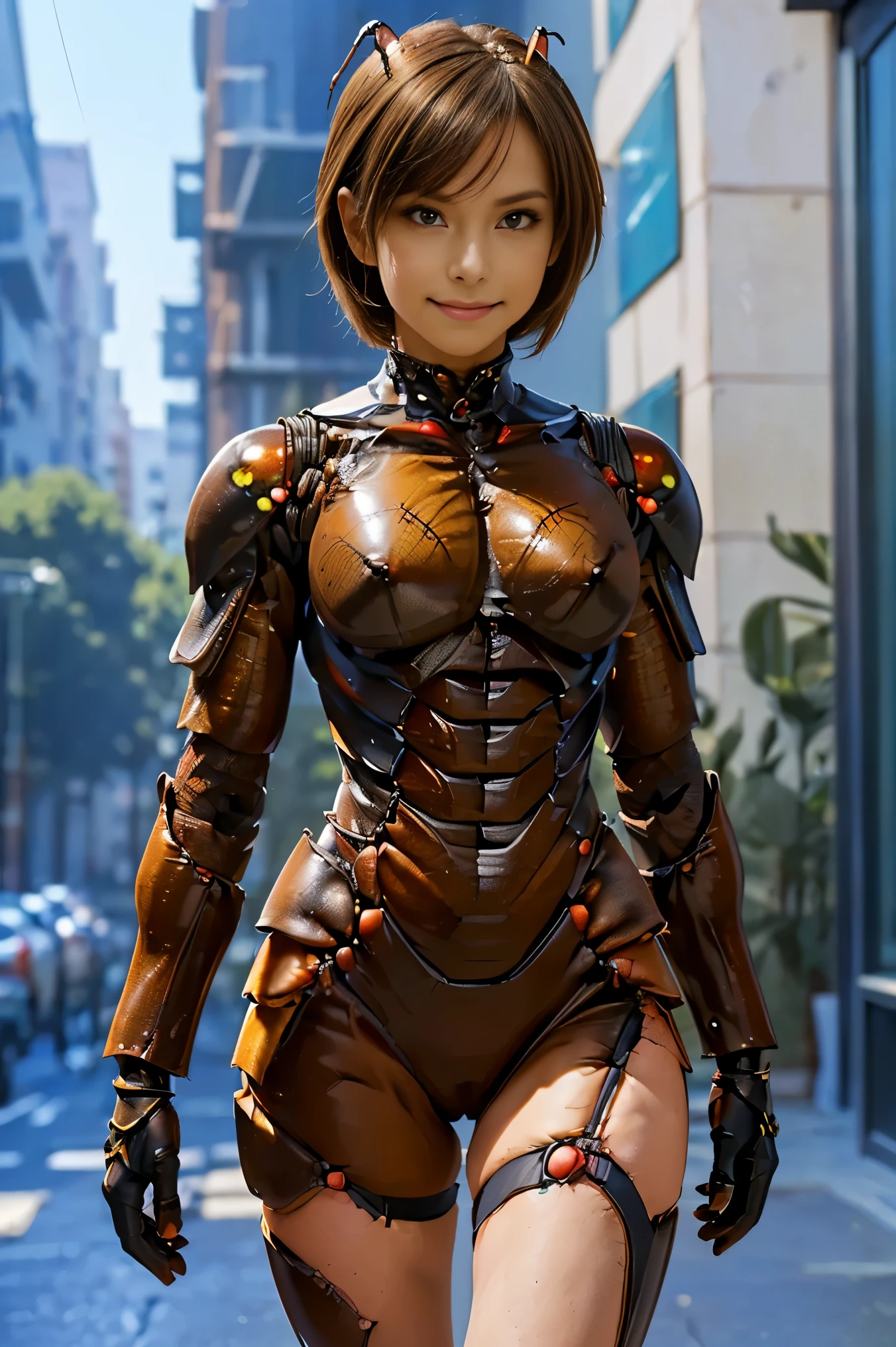 (high resolution,masterpiece,best quality,extremely detailed CG, anime, official art:1.4), realistic, photo, amazing fine details, all intricate, gloss and shiny,awesome many layers, 8k wall paper, 3d, sketch, kawaii, illustration,( solo:1.4), perfect female proportion,villainess, (fusion of dark brown cockroach and lady:1.4), (brown cockroach form lady:1.2), (brown cockroach lady:1.2), (fusion:1.2), (solo:1.4), (evil smile:1.2), muscular, abs, (cockroach brown exoskeleton bio insect suit:1.4), (cockroach brown exoskeleton bio insect armor:1.2), (brown transparency cockroach wing:1.4), (brown cockroach antennae:1.3),