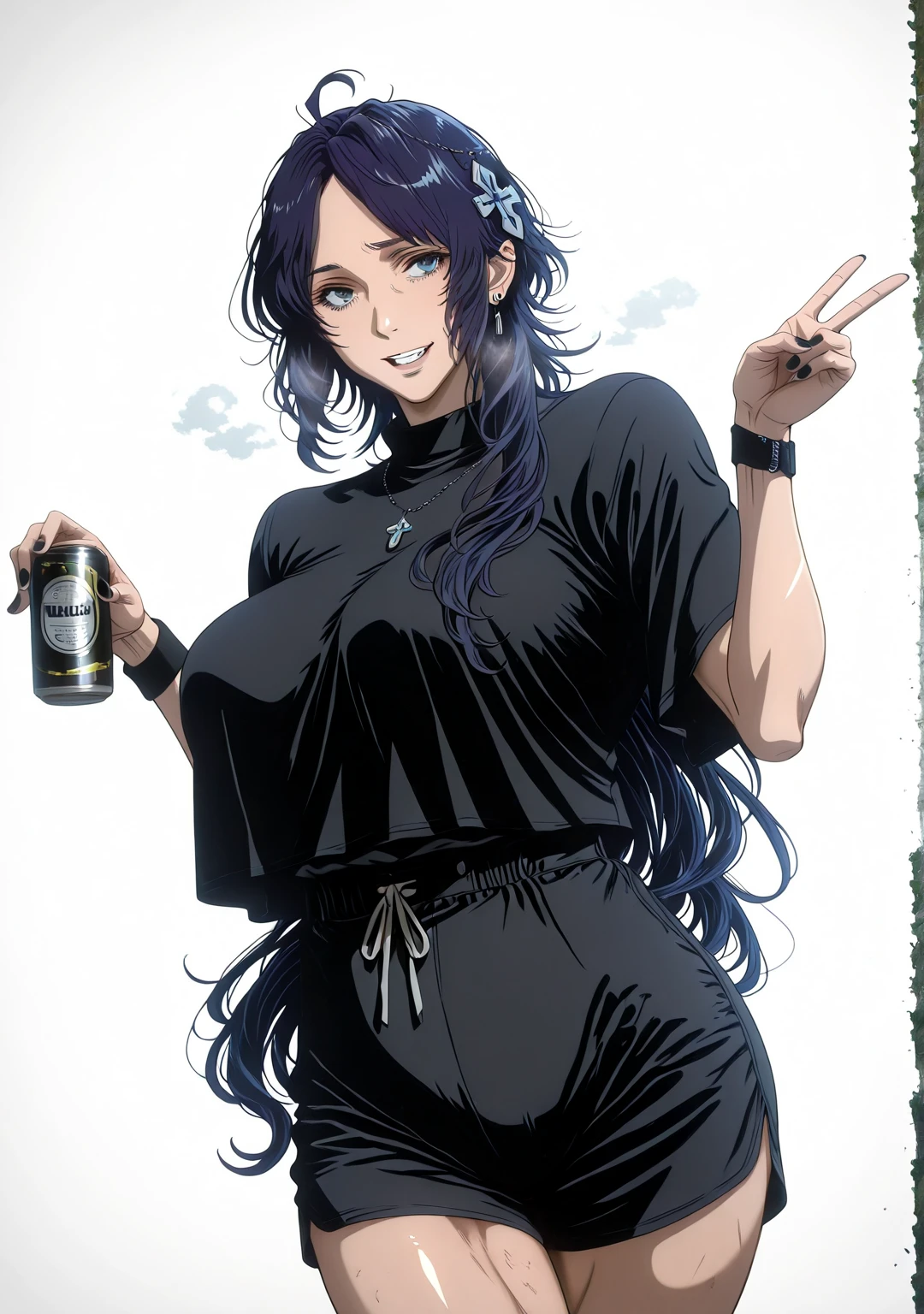 L_Cation2, Babu-style, Hgk, (yoshio_(55level)-style:1.4), (mostlybluewyatt-style:1.3), (hiiragi_yuuichi-style:1.2), (imizu_(nitro_unknown)-style:1.3), (anime coloring, anime screencap), shiny skin, (voluptuous body:1.4), (mature female:1.4), (cellulite:1.3), ((vignetting)), ((anatomical correct)), ((Cinematic, high quality, newest, UHD, masterpiece)), perfect body, perfect eyes, perfect fingers, gasping, heavy breathing, gasping profusely, ((overhang)), ((curvy)), mora chester, very long hair, ((dark-blue hair)), head chain, cross hair ornament, ahoge, single sidelock, parted bangs, blue eyes, plump solo, can, black_nails, jewelry, shirt, black_shirt, white_background, holding, necklace, 1girl, earrings, shorts, v, smile, looking_at_viewer, holding_can, simple_background, nail_polish, wristband, open_mouth, black_shorts, antenna hairs, messy hair,
