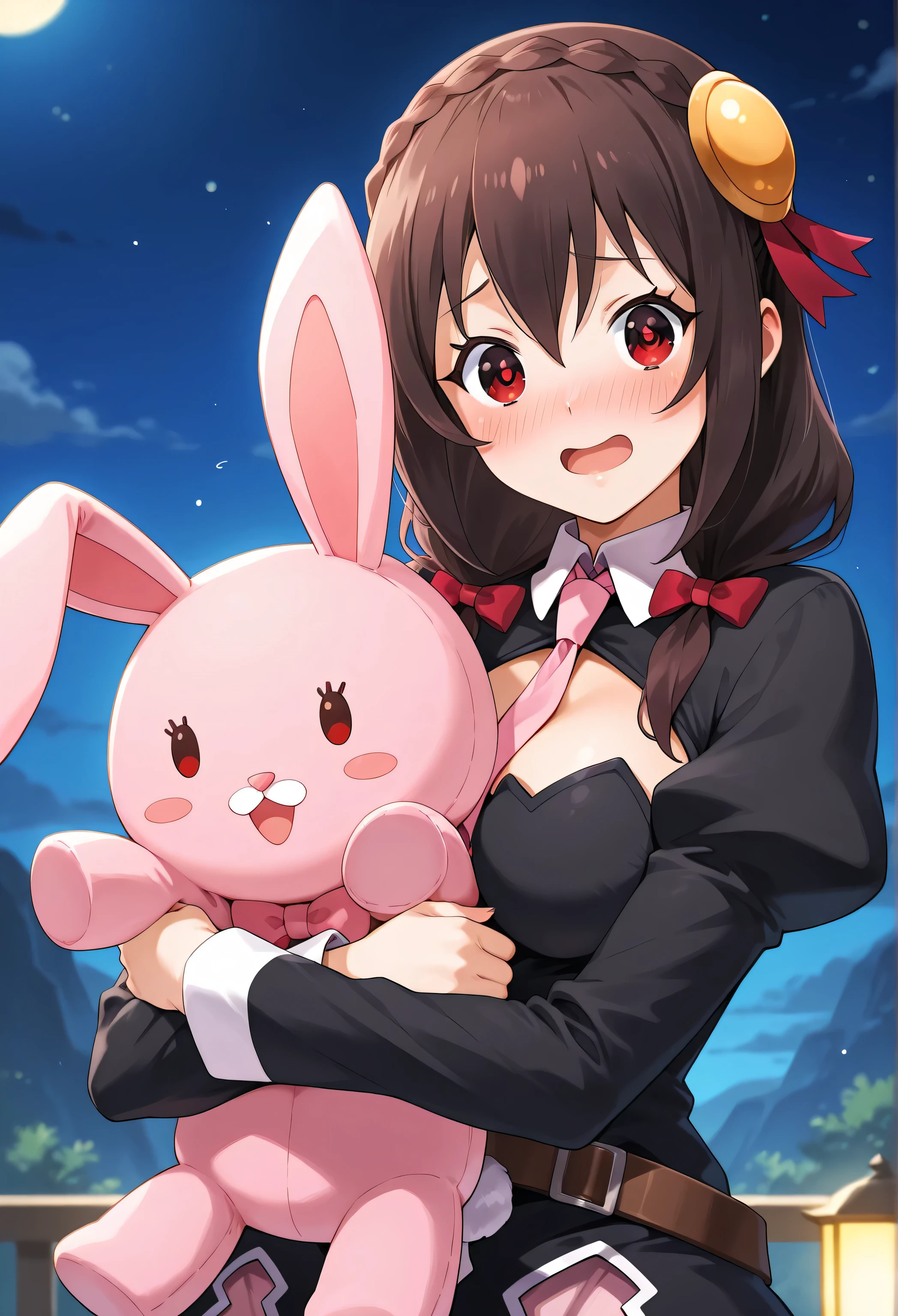 Yunyun konosuba,Crimson Eyes,Shy、is embarrassing、blush、Smile Yan、open my mouth and laugh、 night、Indoor、Highest Quality、The woman is hugging a pink stuffed rabbit