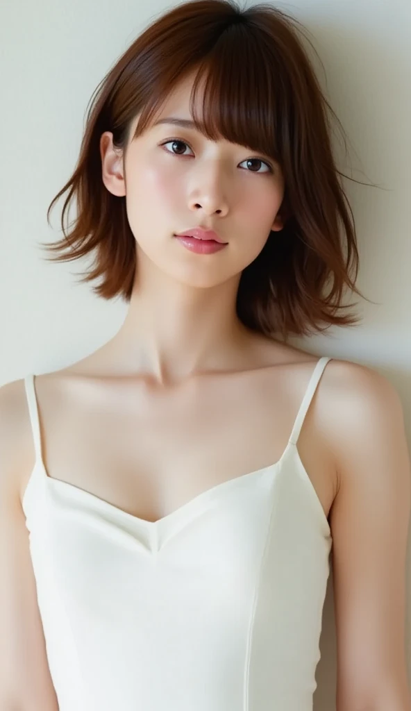 You are a professional gravure photographer.。とても美しい一人の女性のphotographを創造してください。Delicate  features、Bob Hair, Captivating Gaze、Thigh shot , Advanced Depth of Field、masterpiece、highest quality、photograph、reality、High resolution、Super detailed、It's a human、Perfect body。Cutting-edge fashion