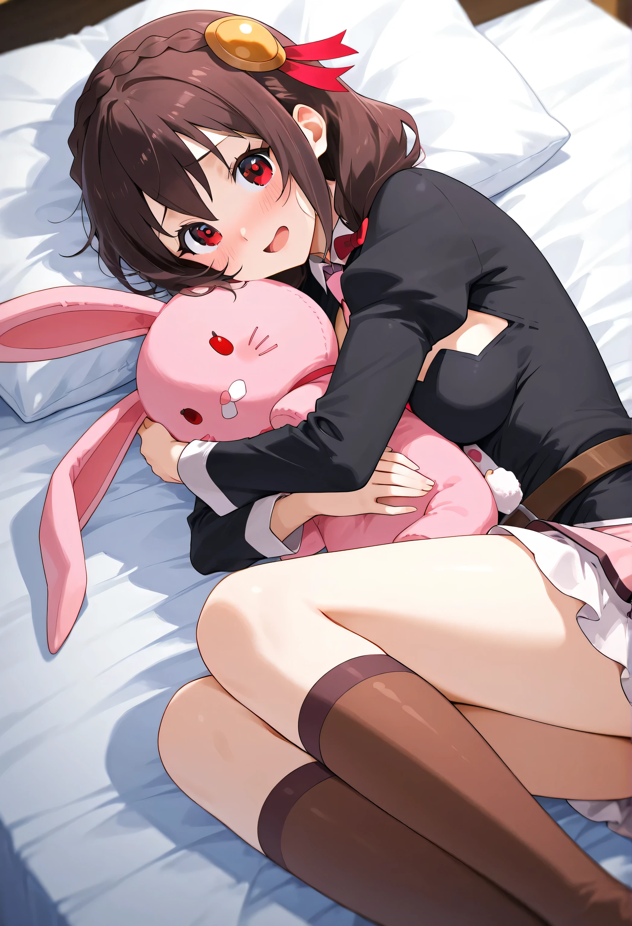 Yunyun konosuba,Crimson Eyes,Shy、is embarrassing、blush、Smile Yan、open my mouth and laugh、 night、Indoor、Highest Quality、The woman is hugging a pink stuffed rabbit、lying on the bed、Lie down on your side、I'm holding my knee
