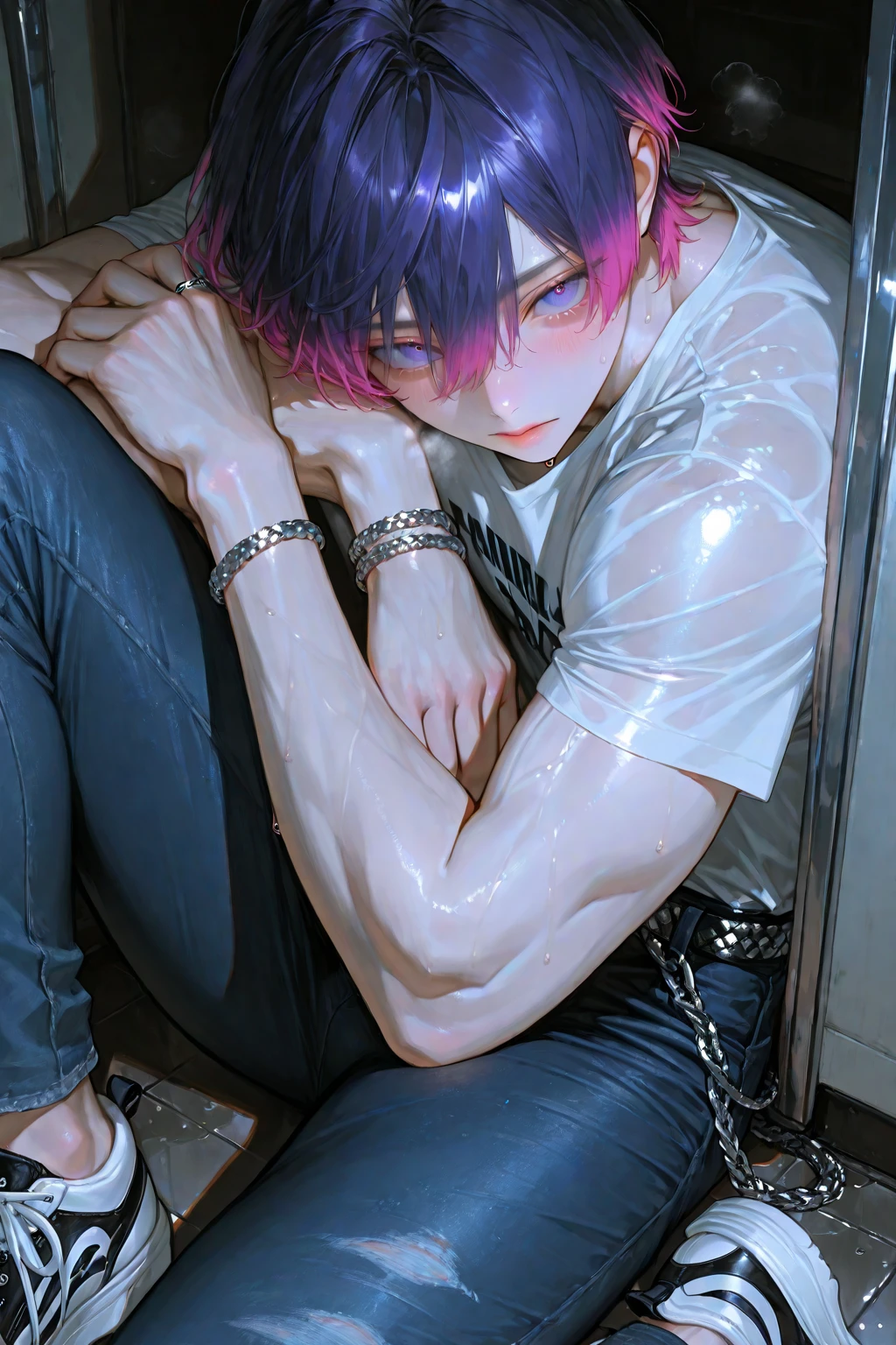 1guy and 1man,wet-(((muscular)))-(((ripped)))-((abs))-25old-guy is ((( )))(puffy  2 0) touch  (()) slave show off - ,strip on stage,BL,(guy),homo,yaoi,,(lightblue eyes)-((tears))-blush choker men’s-strong (lavenderblush)-(male-hair)-guy,,BREAK  lift,,oil,wet,sweat, (drooling), (((pojecile )))-(((splashing from guy’s ))), (black zipper )-(((all unzipped)))--((())),((male ))