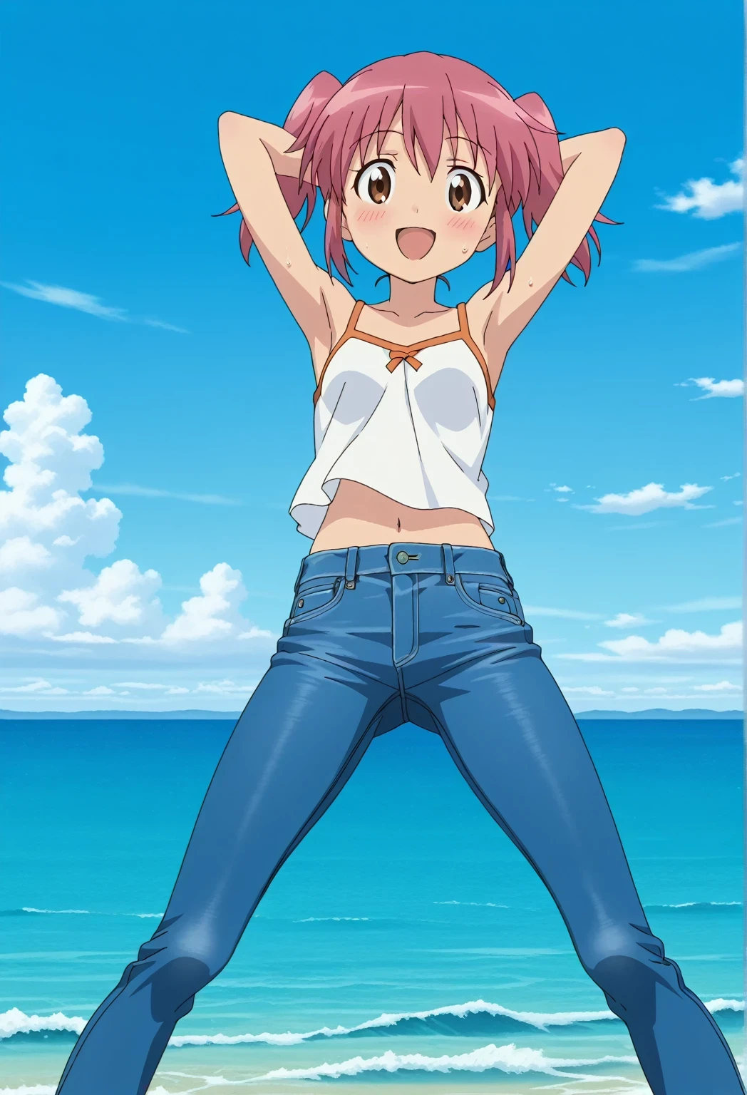 score_9, score_8_up, score_7_up, source_anime, highres, hi res, ((best quality, top quality, perfect quality, Highest Quality, amazing quality)), {{masterpiece}}, {{an extremely delicate and beautiful}}, 2d, intricate details, official style, anime, 8k, anime style, official_anime, official art, digital painting, cell shading, soft shading, high resolution, soothing tones, Subdued Color, Soft cinematic light, adobe lightroom, photolab, HDR, intricately and hyper-detailed, ((high quality animation)), 1 girl, Alone, solo, ((ocean)), tsunami, on the water, day, sunny, outdoors, sky, windy, natsumi hinata, Sgt. Frog, short hair, twintails, pink hair, brown eyes, anime screencap, small , white camisole top, crop top, white crop top, best quality, hyper-detailed jeans, ((blue jeans:1.9)), (dark blue jeans:0.6), full medium body, medium shot, Open mouth, smiling, happy face, blush, sweat, standing, ((arms behind head:6.0)), ((perfect arm line:2.5)), bowlegged, jumping pose, action, looking at viewer, , Bend knees slightly, straight-on front view