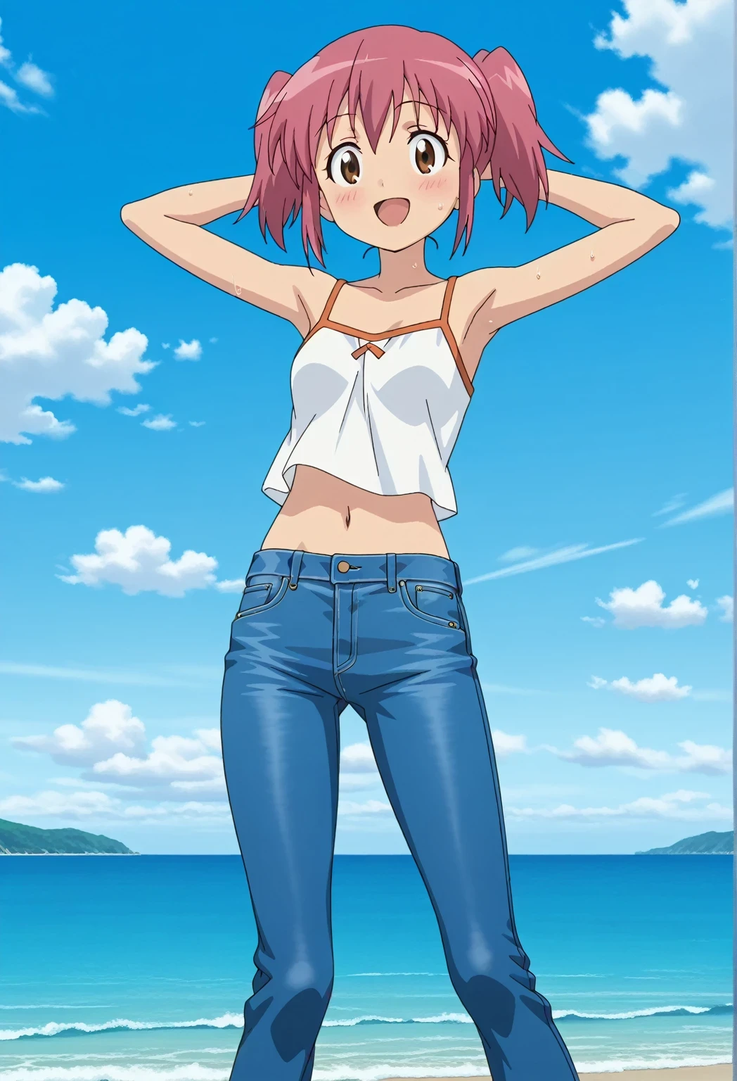 score_9, score_8_up, score_7_up, source_anime, highres, hi res, ((best quality, top quality, perfect quality, Highest Quality, amazing quality)), {{masterpiece}}, {{an extremely delicate and beautiful}}, 2d, intricate details, official style, anime, 8k, anime style, official_anime, official art, digital painting, cell shading, soft shading, high resolution, soothing tones, Subdued Color, Soft cinematic light, adobe lightroom, photolab, HDR, intricately and hyper-detailed, ((high quality animation)), 1 girl, Alone, solo, ((ocean)), tsunami, on the water, day, sunny, outdoors, sky, windy, natsumi hinata, Sgt. Frog, short hair, twintails, pink hair, brown eyes, anime screencap, small , white camisole top, crop top, white crop top, best quality, hyper-detailed jeans, ((blue jeans:1.9)), (dark blue jeans:0.6), full medium body, medium shot, Open mouth, smiling, happy face, blush, sweat, standing, ((arms behind head:6.0)), ((perfect arm line:2.5)), bowlegged, natural standing pose, action, looking at viewer, , Bend knees slightly, straight-on front view