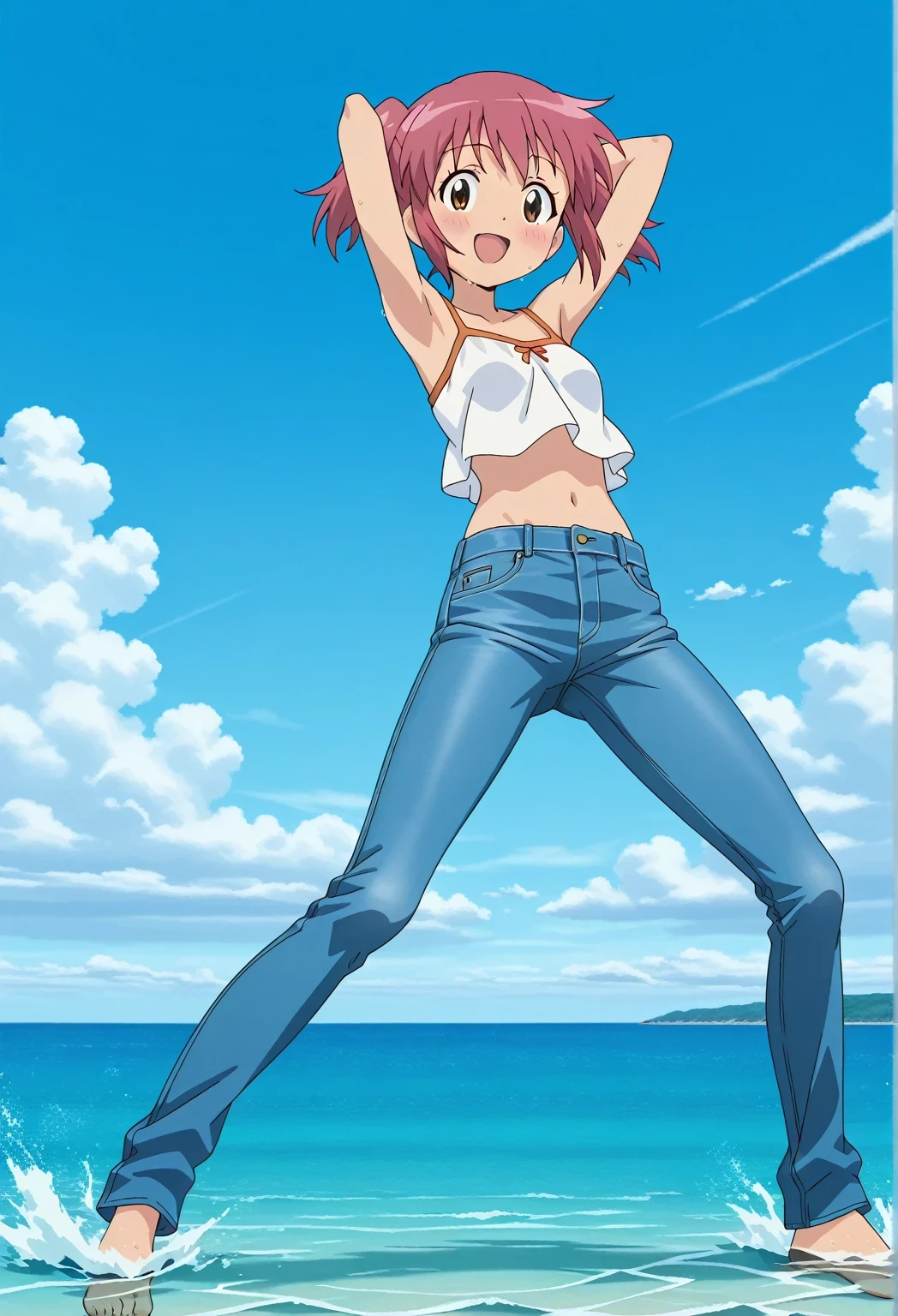 score_9, score_8_up, score_7_up, source_anime, highres, hi res, ((best quality, top quality, perfect quality, Highest Quality, amazing quality)), {{masterpiece}}, {{an extremely delicate and beautiful}}, 2d, intricate details, official style, anime, 8k, anime style, official_anime, official art, digital painting, cell shading, soft shading, high resolution, soothing tones, Subdued Color, Soft cinematic light, adobe lightroom, photolab, HDR, intricately and hyper-detailed, ((high quality animation)), 1 girl, Alone, solo, ((ocean)), tsunami, on the water, day, sunny, outdoors, sky, windy, natsumi hinata, Sgt. Frog, short hair, twintails, pink hair, brown eyes, anime screencap, small , white camisole top, crop top, white crop top, best quality, hyper-detailed jeans, ((blue jeans:1.9)), (dark blue jeans:0.6), full medium body, medium shot, Open mouth, smiling, happy face, blush, sweat, standing, ((arms behind head:6.0)), ((perfect arm line:2.5)), bowlegged, jumping pose, action, looking at viewer, , Bend knees slightly, straight-on front view