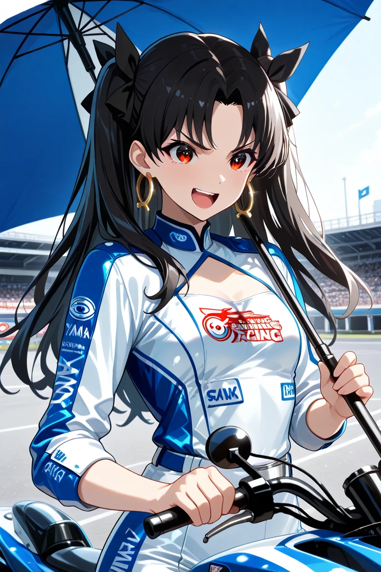 1 female,black hair,25 years old,(((Shiny race queen uniform with exposed belly button)))(((blush、open mouth smile)),(((straight hair))),(((portrait))),crowd,,(wet with sweat)(leather thigh high boots)(((beautiful )))