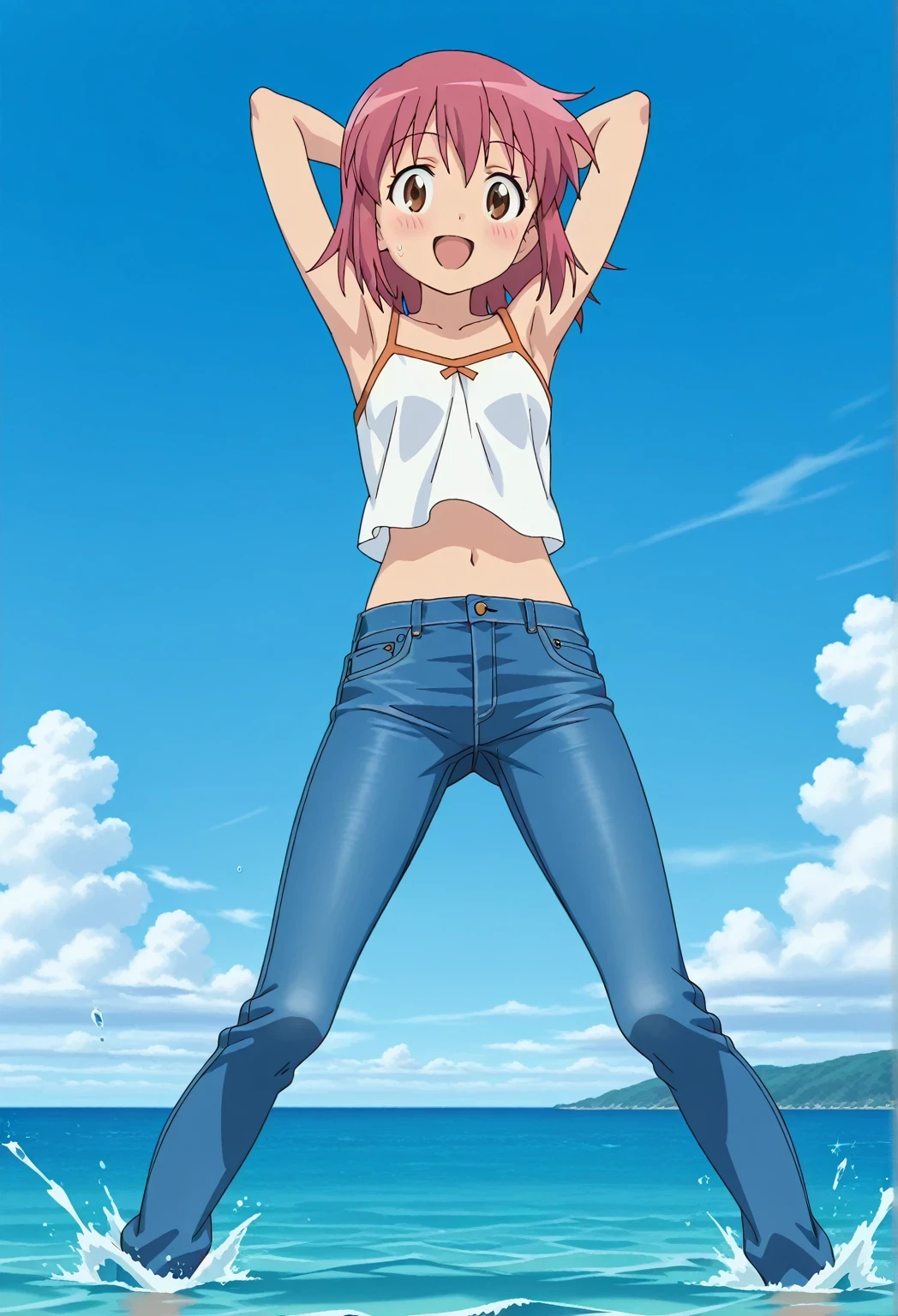 score_9, score_8_up, score_7_up, source_anime, highres, hi res, ((best quality, top quality, perfect quality, Highest Quality, amazing quality)), {{masterpiece}}, {{an extremely delicate and beautiful}}, 2d, intricate details, official style, anime, 8k, anime style, official_anime, official art, digital painting, cell shading, soft shading, high resolution, soothing tones, Subdued Color, Soft cinematic light, adobe lightroom, photolab, HDR, intricately and hyper-detailed, ((high quality animation)), 1 girl, Alone, solo, ((ocean)), tsunami, on the water, day, sunny, outdoors, sky, windy, natsumi hinata, Sgt. Frog, medium hair, pink hair, brown eyes, anime screencap, small , white camisole top, crop top, white crop top, best quality, hyper-detailed jeans, ((blue jeans:1.9)), (dark blue jeans:0.6), full medium body, medium shot, Open mouth, smiling, happy face, blush, sweat, standing, ((arms behind head:6.0)), ((perfect arm line:2.5)), bowlegged, jumping pose, action, looking at viewer, , Bend knees slightly, straight-on front view
