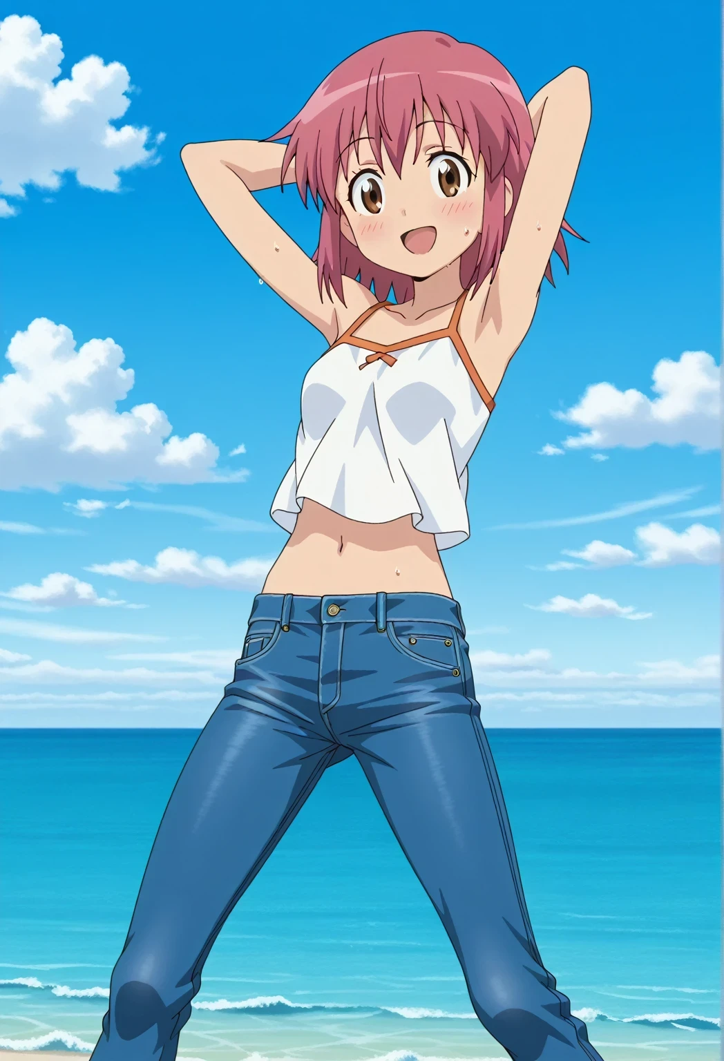 score_9, score_8_up, score_7_up, source_anime, highres, hi res, ((best quality, top quality, perfect quality, Highest Quality, amazing quality)), {{masterpiece}}, {{an extremely delicate and beautiful}}, 2d, intricate details, official style, anime, 8k, anime style, official_anime, official art, digital painting, cell shading, soft shading, high resolution, soothing tones, Subdued Color, Soft cinematic light, adobe lightroom, photolab, HDR, intricately and hyper-detailed, ((high quality animation)), 1 girl, Alone, solo, ((ocean)), tsunami, on the water, day, sunny, outdoors, sky, windy, natsumi hinata, Sgt. Frog, medium hair, pink hair, brown eyes, anime screencap, small , white camisole top, crop top, white crop top, best quality, hyper-detailed jeans, ((blue jeans:1.9)), (dark blue jeans:0.6), full medium body, medium shot, Open mouth, smiling, happy face, blush, sweat, standing, ((arms behind head:6.0)), ((perfect arm line:2.5)), bowlegged, jumping pose, action, looking at viewer, , Bend knees slightly, straight-on front view