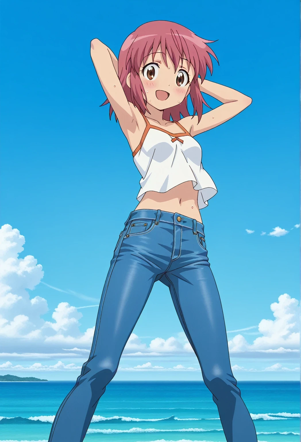 score_9, score_8_up, score_7_up, source_anime, highres, hi res, ((best quality, top quality, perfect quality, Highest Quality, amazing quality)), {{masterpiece}}, {{an extremely delicate and beautiful}}, 2d, intricate details, official style, anime, 8k, anime style, official_anime, official art, digital painting, cell shading, soft shading, high resolution, soothing tones, Subdued Color, Soft cinematic light, adobe lightroom, photolab, HDR, intricately and hyper-detailed, ((high quality animation)), 1 girl, Alone, solo, ((ocean)), tsunami, on the water, day, sunny, outdoors, sky, windy, natsumi hinata, Sgt. Frog, medium hair, pink hair, brown eyes, anime screencap, small , white camisole top, crop top, white crop top, best quality, hyper-detailed jeans, ((blue jeans:1.9)), (dark blue jeans:0.6), full medium body, medium shot, Open mouth, smiling, happy face, blush, sweat, standing, ((arms behind head:6.0)), ((perfect arm line:2.5)), bowlegged, jumping pose, action, looking at viewer, , Bend knees slightly, straight-on front view