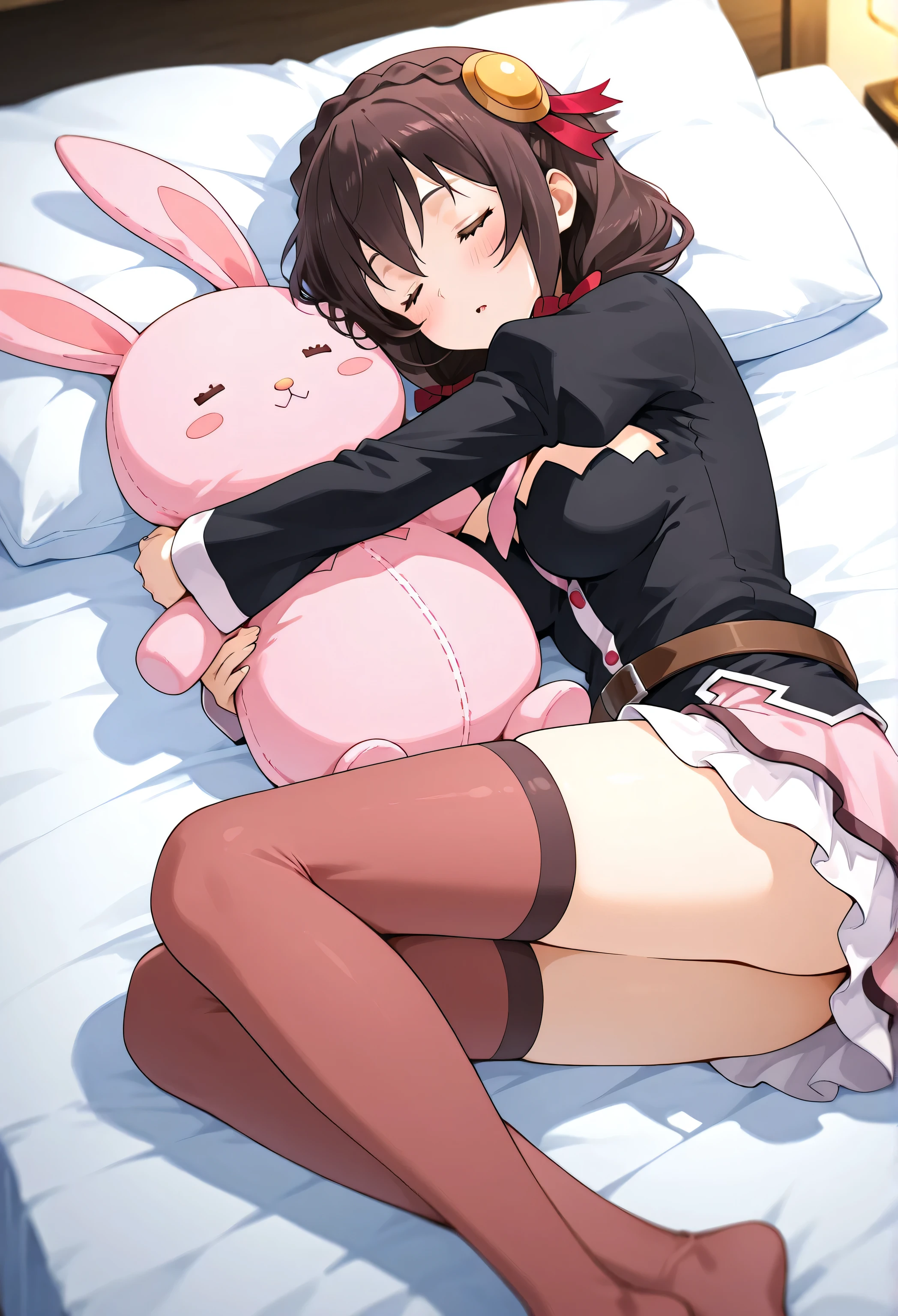 Yunyun konosuba, so happy、is sleeping、blush、 night、Indoor、Highest Quality、The woman is hugging a pink stuffed rabbit、lying on the bed、Lie down on your side、I'm holding my knee