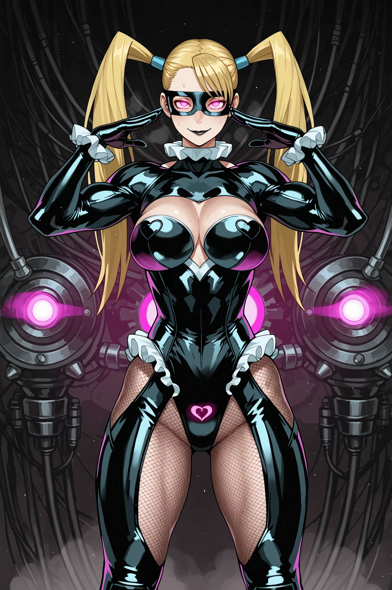 Rainbow Mika. Blonde hair. Twintails. Black eye mask. Pink glowing eyes. Cynical smile. Black lips. Glossy. Black latex costume. Leotard. Black gloves. Fishnet tights. Perky breasts. Large waist. Muscular legs. Crotch tattoo. Spiked accessories. Standing upright. Saluting pose. Mechanical background. Cables. Steam engine. Mechanical luminescence.