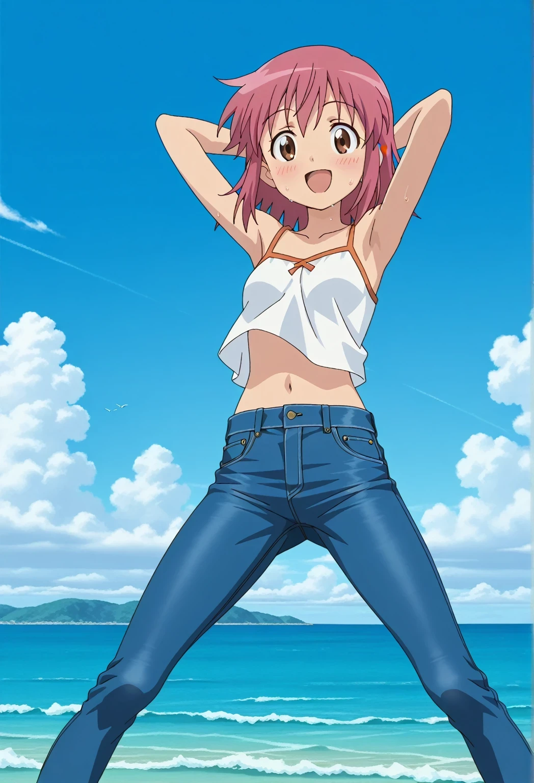 score_9, score_8_up, score_7_up, source_anime, highres, hi res, ((best quality, top quality, perfect quality, Highest Quality, amazing quality)), {{masterpiece}}, {{an extremely delicate and beautiful}}, 2d, intricate details, official style, anime, 8k, anime style, official_anime, official art, digital painting, cell shading, soft shading, high resolution, soothing tones, Subdued Color, Soft cinematic light, adobe lightroom, photolab, HDR, intricately and hyper-detailed, ((high quality animation)), 1 girl, Alone, solo, ((ocean)), tsunami, on the water, day, sunny, outdoors, sky, windy, natsumi hinata, Sgt. Frog, medium hair, pink hair, brown eyes, anime screencap, small , white camisole top, crop top, white crop top, best quality, hyper-detailed jeans, ((blue jeans:1.9)), (dark blue jeans:0.6), full medium body, medium shot, Open mouth, smiling, happy face, blush, sweat, standing, ((arms behind head:6.0)), ((perfect arm line:2.5)), bowlegged, jumping pose, action, looking at viewer, , Bend knees slightly, straight-on front view