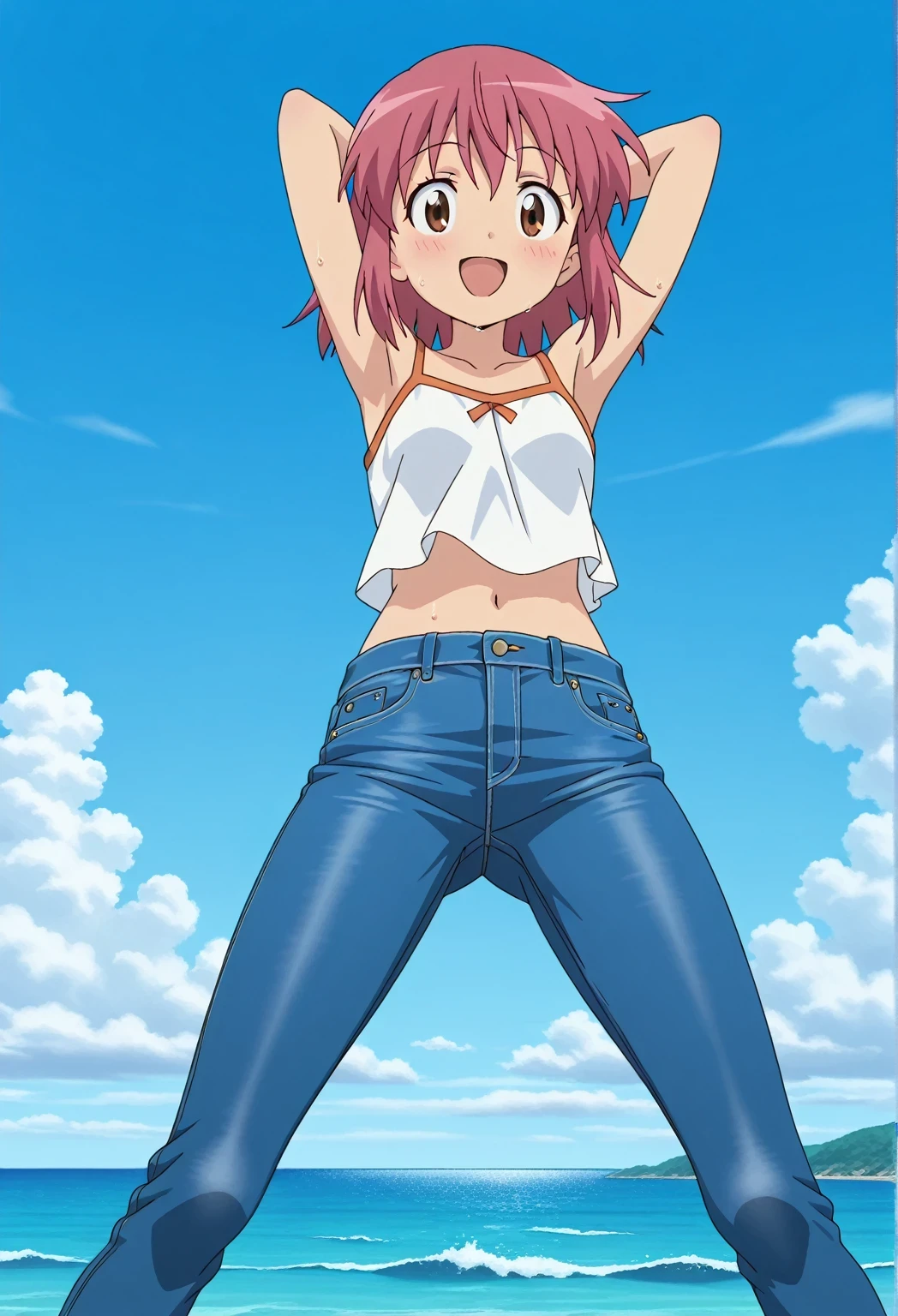 score_9, score_8_up, score_7_up, source_anime, highres, hi res, ((best quality, top quality, perfect quality, Highest Quality, amazing quality)), {{masterpiece}}, {{an extremely delicate and beautiful}}, 2d, intricate details, official style, anime, 8k, anime style, official_anime, official art, digital painting, cell shading, soft shading, high resolution, soothing tones, Subdued Color, Soft cinematic light, adobe lightroom, photolab, HDR, intricately and hyper-detailed, ((high quality animation)), 1 girl, Alone, solo, ((ocean)), tsunami, on the water, day, sunny, outdoors, sky, windy, natsumi hinata, Sgt. Frog, medium hair, pink hair, brown eyes, anime screencap, small , white camisole top, crop top, white crop top, best quality, hyper-detailed jeans, ((blue jeans:1.9)), (dark blue jeans:0.6), full medium body, medium shot, Open mouth, smiling, happy face, blush, sweat, standing, ((arms behind head:6.0)), ((perfect arm line:2.5)), bowlegged, jumping pose, action, looking at viewer, , Bend knees slightly, straight-on front view