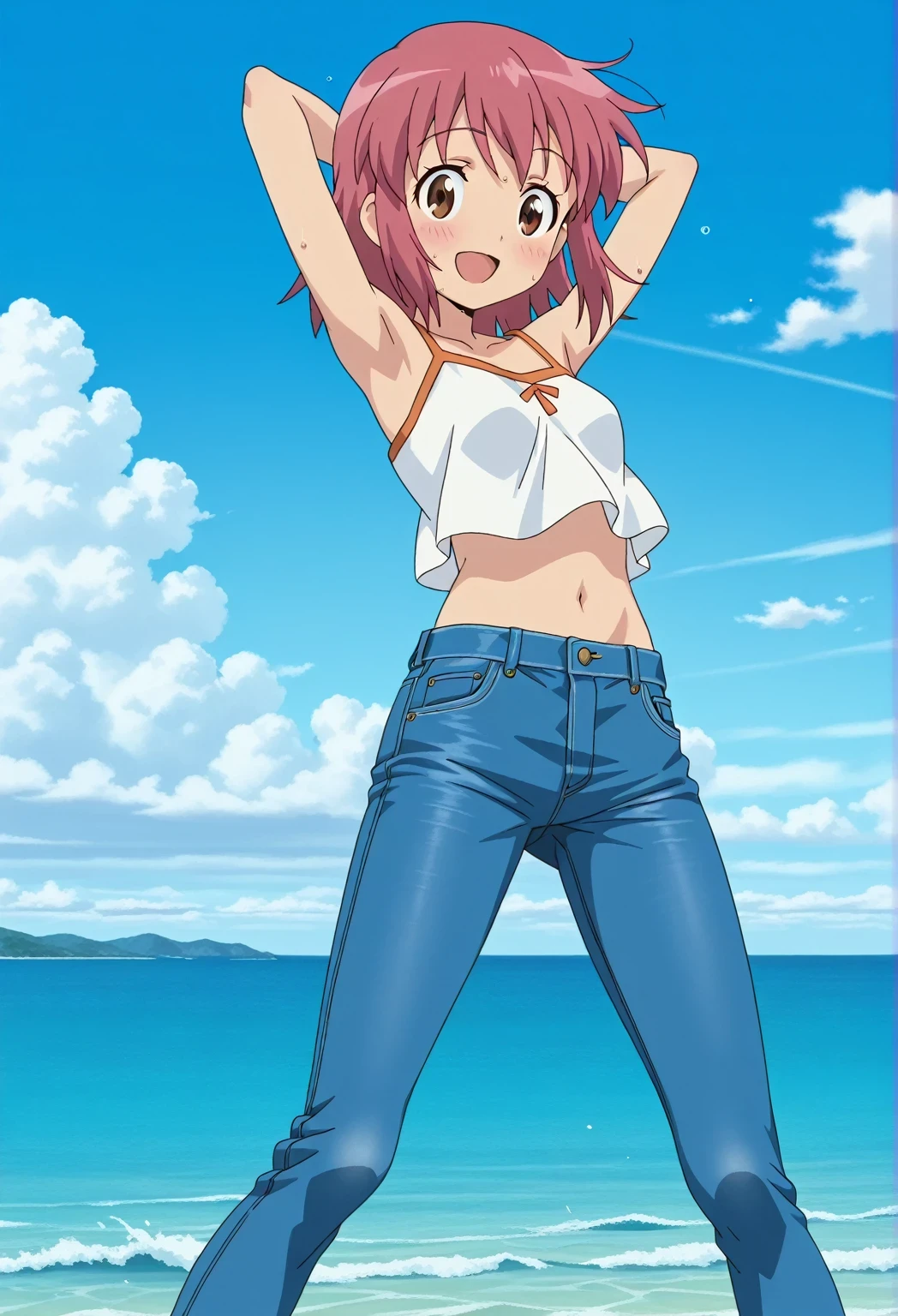 score_9, score_8_up, score_7_up, source_anime, highres, hi res, ((best quality, top quality, perfect quality, Highest Quality, amazing quality)), {{masterpiece}}, {{an extremely delicate and beautiful}}, 2d, intricate details, official style, anime, 8k, anime style, official_anime, official art, digital painting, cell shading, soft shading, high resolution, soothing tones, Subdued Color, Soft cinematic light, adobe lightroom, photolab, HDR, intricately and hyper-detailed, ((high quality animation)), 1 girl, Alone, solo, ((ocean)), tsunami, on the water, day, sunny, outdoors, sky, windy, natsumi hinata, Sgt. Frog, medium hair, pink hair, brown eyes, anime screencap, small , white camisole top, crop top, white crop top, best quality, hyper-detailed jeans, ((blue jeans:1.9)), (dark blue jeans:0.6), full medium body, medium shot, Open mouth, smiling, happy face, blush, sweat, standing, ((arms behind head:6.0)), ((perfect arm line:2.5)), bowlegged, jumping pose, action, looking at viewer, , Bend knees slightly, straight-on front view