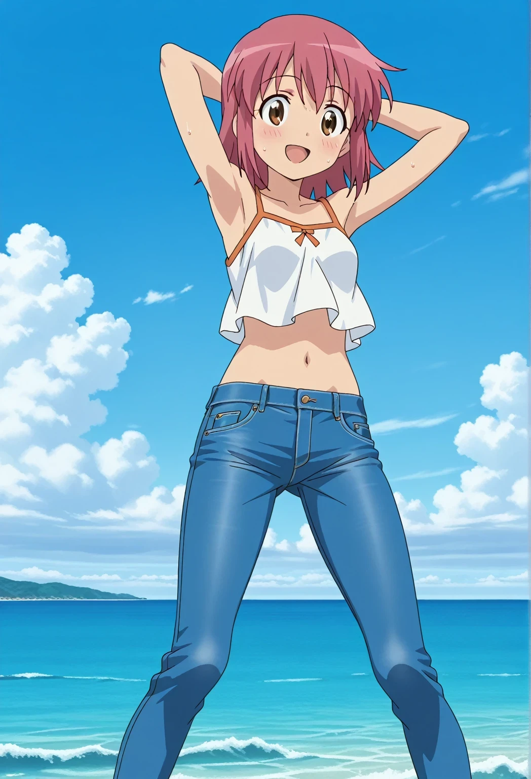 score_9, score_8_up, score_7_up, source_anime, highres, hi res, ((best quality, top quality, perfect quality, Highest Quality, amazing quality)), {{masterpiece}}, {{an extremely delicate and beautiful}}, 2d, intricate details, official style, anime, 8k, anime style, official_anime, official art, digital painting, cell shading, soft shading, high resolution, soothing tones, Subdued Color, Soft cinematic light, adobe lightroom, photolab, HDR, intricately and hyper-detailed, ((high quality animation)), 1 girl, Alone, solo, ((ocean)), tsunami, on the water, day, sunny, outdoors, sky, windy, natsumi hinata, Sgt. Frog, medium hair, pink hair, brown eyes, anime screencap, small , white camisole top, crop top, white crop top, best quality, hyper-detailed jeans, ((blue jeans:1.9)), (dark blue jeans:0.6), full medium body, medium shot, Open mouth, smiling, happy face, blush, sweat, standing, ((arms behind head:6.0)), ((perfect arm line:2.5)), bowlegged, jumping pose, action, looking at viewer, , Bend knees slightly, straight-on front view