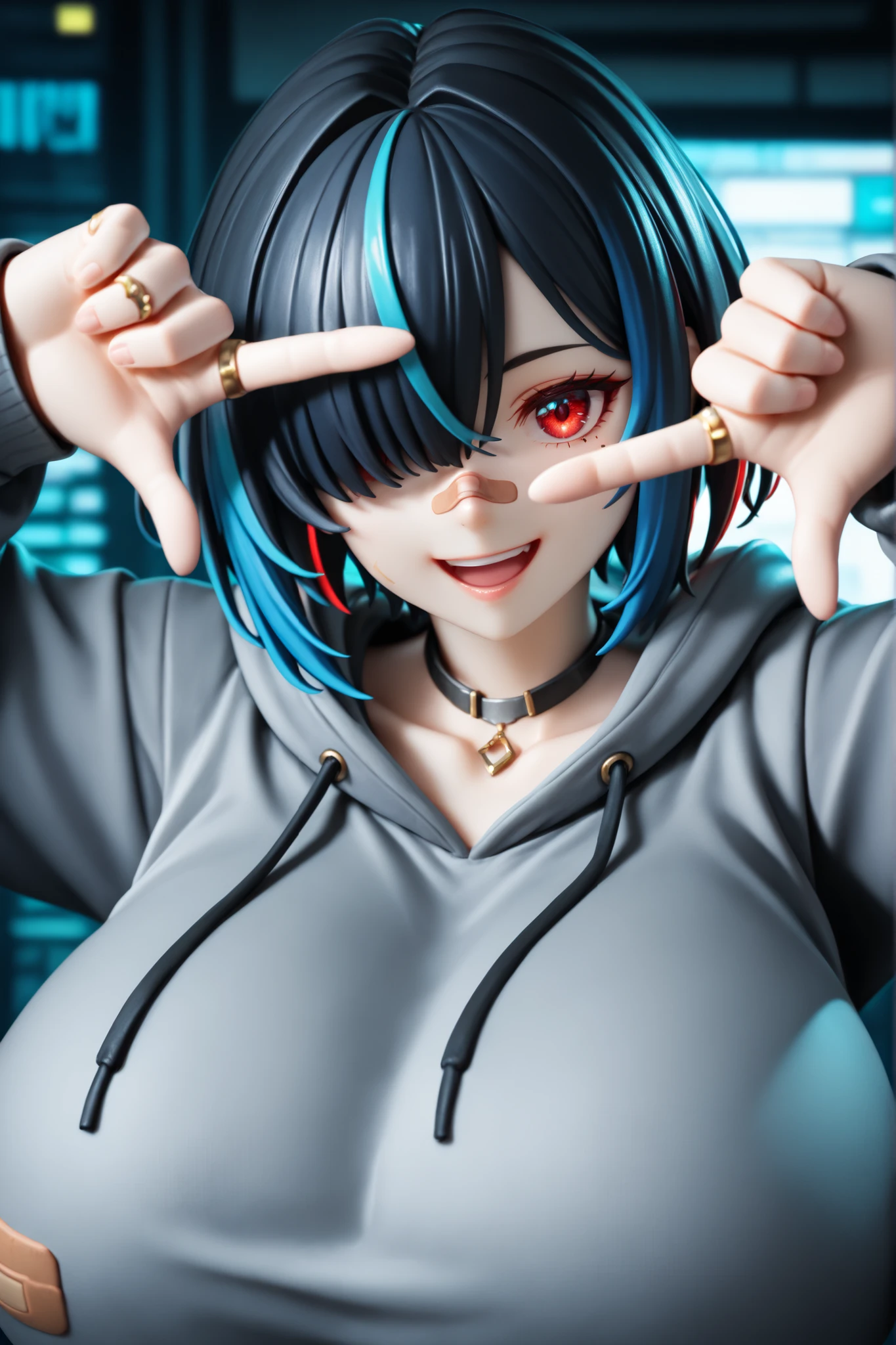 Realistic detailed Anime style figure statue, 1girl, solo, looking at viewer,smile,open mouth,short hair,black hair,long sleeves,red eyes, jewelry,collarbone,upper body,multicolored hair, blue hair,hood,necklace,hair over one eye,blurry,streaked hair, gigantic breasts, hoodie,hood down,ring,bandaid,one eye covered,bandaid on face,drawstring,bandaid on nose,grey hoodie,((finger frame on nipple)), intricate detailed cyberpunk background, cyberpunk buildings background, detailed PVC skin, 1/1 scale,