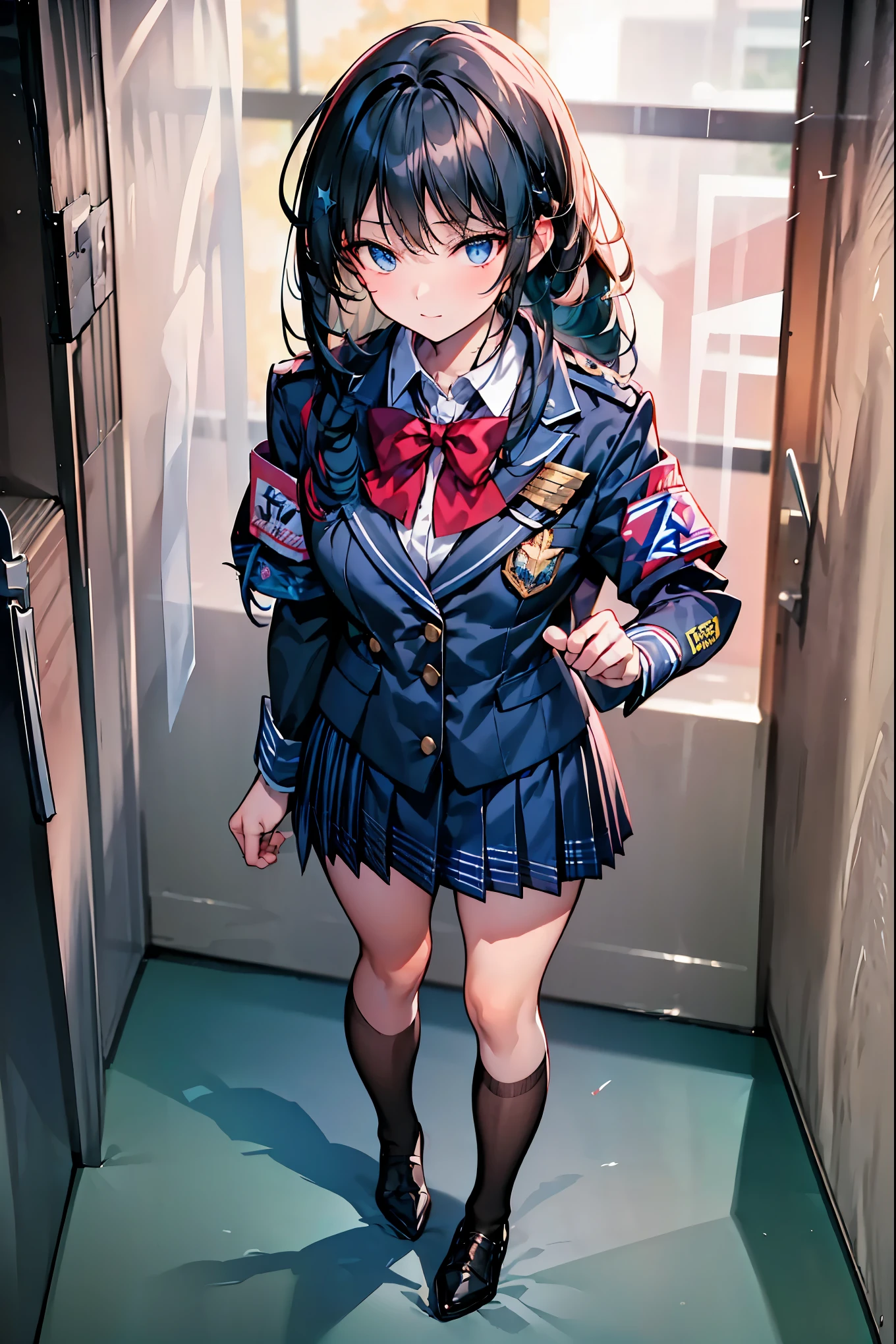 Little Girl with High Pressure Discipline Chairman，((from above:1.2)),(((Chairman of the Discipline Committee's armband)))，cowboy shot，About 150 centimeters,charismatic presence,Young face，High School， 周囲を高身長男子High School生が取り囲む,Pointing and Instructing,4K High Resolution,High Dynamic Range,anatomically correct hand，corrects legs anatomically correctly，shortcuts，unkempt hair，Short braided hair，Neat，slender beauty，correct attitude，small breasted，beautiful legs，The enchanting gray-blue eyes shine like stars，Saggy Eyes，Brilliant Colors,beautiful eyes,A delicate smile,Textured Skin,BEST QUALITY THE BEST,gentle and beautiful woman,anime style､Super Realistic Digital Illustration with Excellent Detail Description,Deep Tones,Dramatic Lighting,Precise Texturing，Little Girl with High Pressure Discipline Chairman, Chairman of the Discipline Committee's armband, About 150 centimeters, charismatic presence, Pointing at the Students, 4K Realistic Illustration, Extremely detailed down to the details, professional, Vivid Colors, Delicate Light and Shadow, Central Figure of the Disciplinary Committee, Strictly Instructing the Students, Coercive Behavior, Small but Strong Presence, Trying to solve school problems
