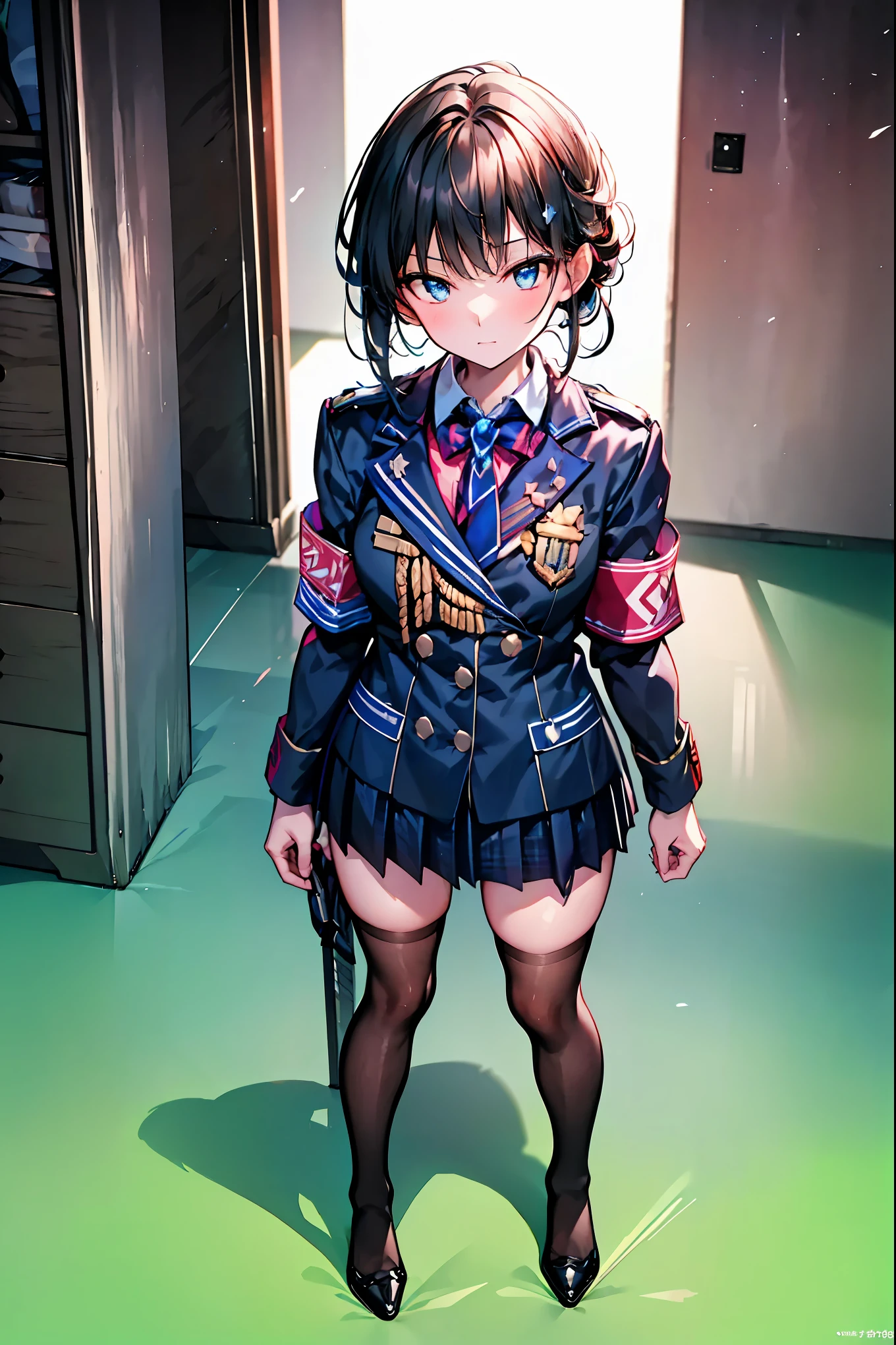 Little Girl with High Pressure Discipline Chairman，((from above:1.2)),(((Chairman of the Discipline Committee's armband)))，cowboy shot，About 150 centimeters,charismatic presence,Young face，High School， 周囲を高身長男子High School生が取り囲む,Pointing and Instructing,4K High Resolution,High Dynamic Range,anatomically correct hand，corrects legs anatomically correctly，shortcuts，unkempt hair，Short braided hair，Neat，slender beauty，correct attitude，small breasted，beautiful legs，The enchanting gray-blue eyes shine like stars，Saggy Eyes，Brilliant Colors,beautiful eyes,A delicate smile,Textured Skin,BEST QUALITY THE BEST,gentle and beautiful woman,anime style､Super Realistic Digital Illustration with Excellent Detail Description,Deep Tones,Dramatic Lighting,Precise Texturing，Little Girl with High Pressure Discipline Chairman, Chairman of the Discipline Committee's armband, About 150 centimeters, charismatic presence, Pointing at the Students, 4K Realistic Illustration, Extremely detailed down to the details, professional, Vivid Colors, Delicate Light and Shadow, Central Figure of the Disciplinary Committee, Strictly Instructing the Students, Coercive Behavior, Small but Strong Presence, Trying to solve school problems
