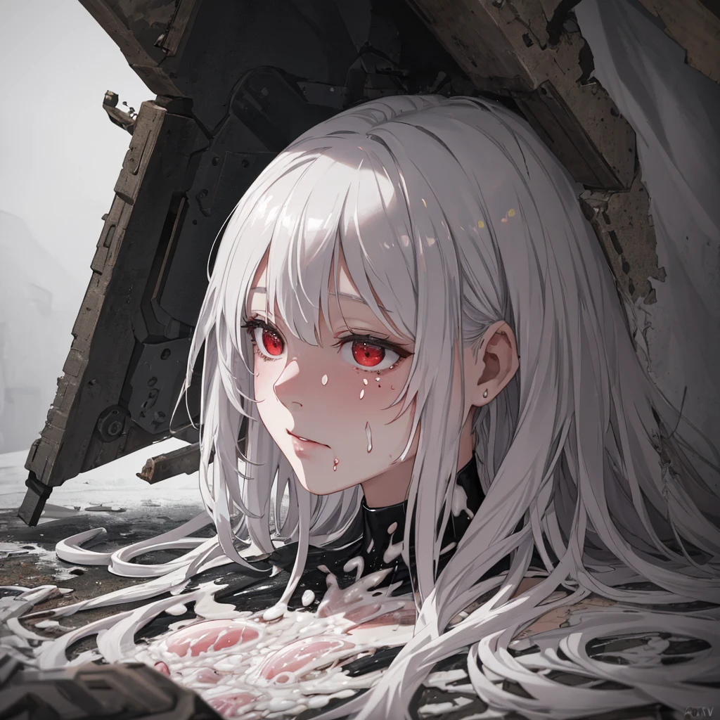 War Orphans,Destroyed,scattered concrete,Beautiful white hair,despair,Torn clothes,hurty,Revealing clothing,Revealing clothing,hurt,vhurty,hurty,hurty,hurty,{hurty},Lie in,