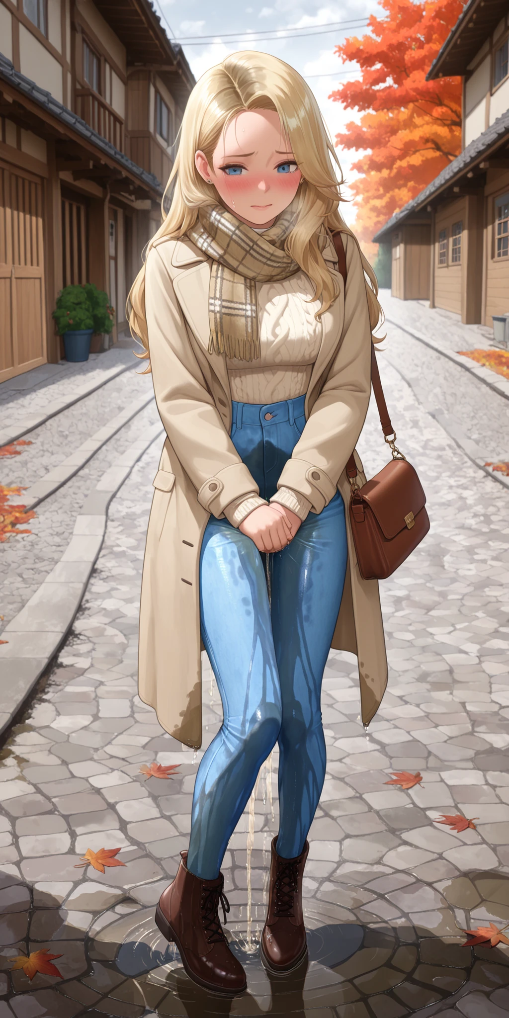 1girl, wetting self, desperation, holding crotch, large water stain, masterpiece, best quality, newest, absurdres, highres, youthful Norwegian female, long wavy ash blonde hair, smooth forehead, blue eyes, fair skin with soft pink undertone, slim feminine body, B-cup bust, cream oversized knit sweater, dark blue high-rise skinny jeans fully soaked with wide spreading water stain, darkened denim from waist to hem, wet fabric clinging to legs and hips, reflective moisture sheen, dripping at cuffs, taupe ankle boots slightly damp at edges, beige wool coat, chunky plaid scarf in warm earth tones, crossbody leather bag, gold stud earrings, minimal makeup with soft pink blush, cozy layered Scandinavian fashion, outdoor cobblestone street, golden and red autumn leaves scattered, traditional wooden houses in the background, soft overcast daylight, cool October breeze, warm autumn atmosphere, realistic soaked clothing effect, tense and embarrassed posture