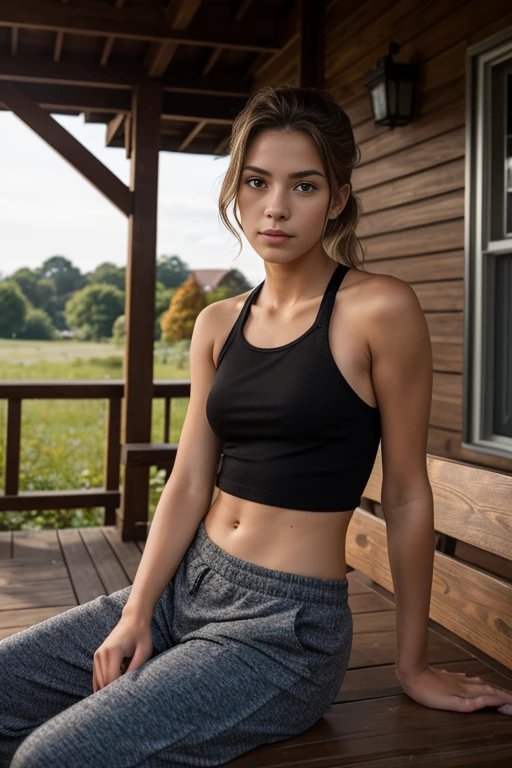 Miley Cyrus, personality, hair tied in a high ponytail, wearing a cropped tank top and shorts, sitting and posing seductively in the desert