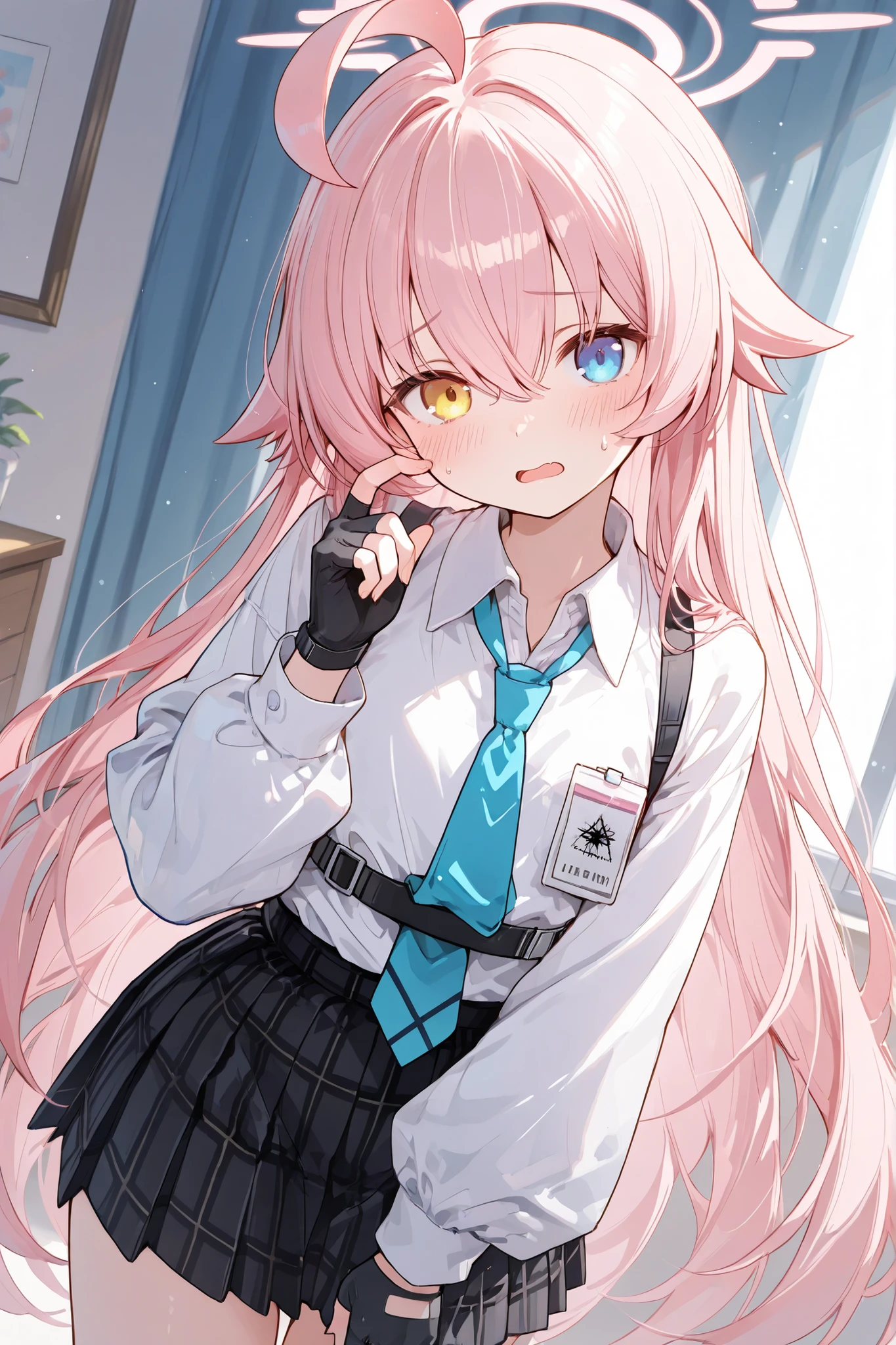 masterpiece,perfect anatomy,beautiful fingers,high resolution, ultra-detailed,beautiful detailed eyes,dutch angle,absurdres,1girl,solo,zzHoshino, pink hair, long hair, hair between eyes, blue eyes, yellow eyes, heterochromia, very long hair, pink halo, black skirt, blue necktie, collared shirt, plaid skirt, pleated skirt, white shirt, black gloves, fingerless gloves, puffy long sleeves,(embarrassed:1.3),head tilt,scratching cheek,open mouth,