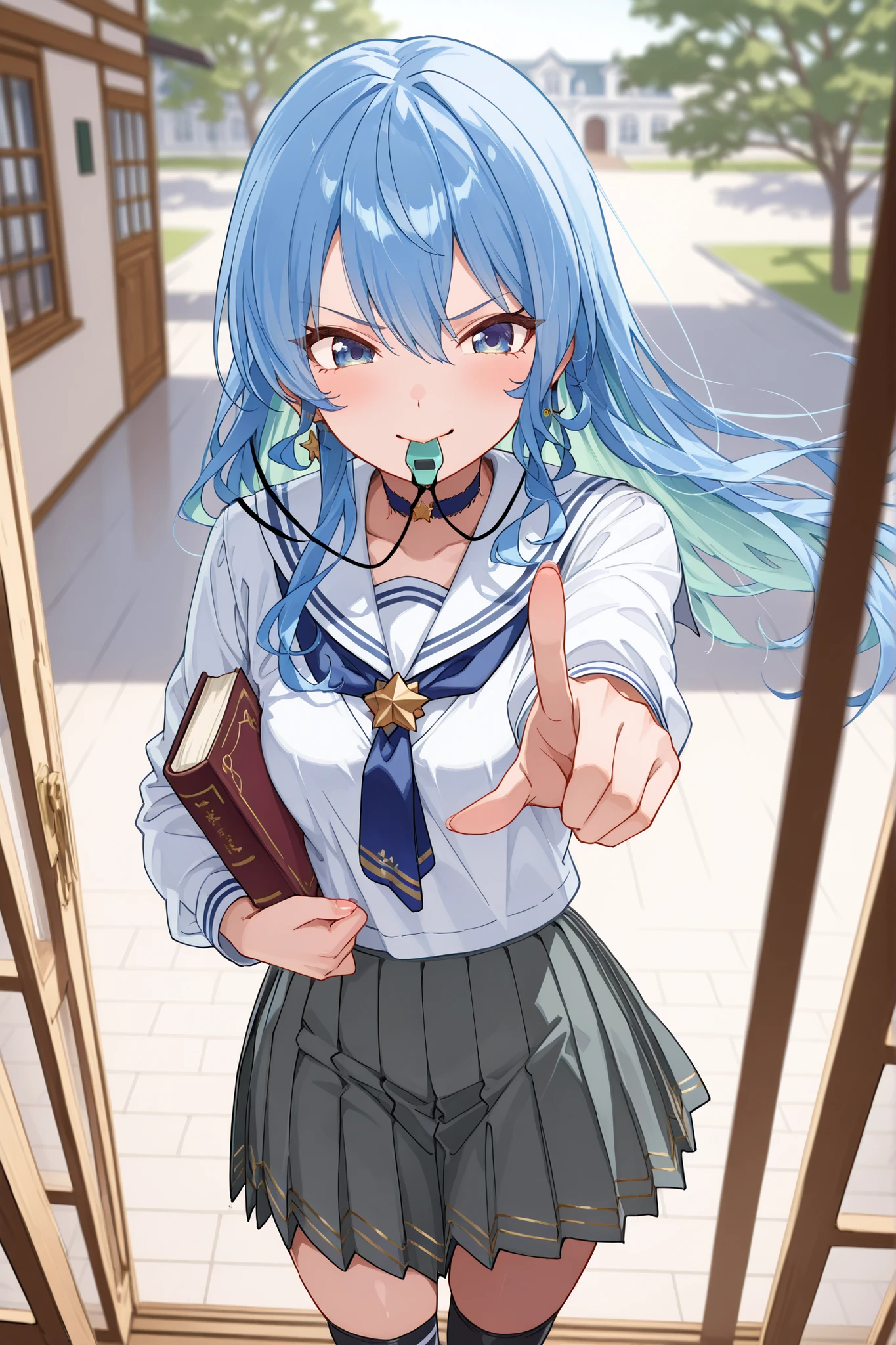 ((言語: 日本語、英語)、(Masterpiece), (Highest Quality), (High Score), (High Resolution),(4k),Uncensored,),
(masterpiece, best quality, very aesthetic),
(近代のヨーロッパ、(春)、(朝)、(快晴)、1girl,,solo,),
(この画像生成はNSFWではない）、(丁寧な画像生成を行う）、(日常シーン）、
(,(Modern Western architecture, high school),(1st floor),The tree outside the window, the open window,,(Classroom, window, curtains,),,,(Anatomically accurate structure),),

(((Shining Eyes),wind,,BREAK,(an extremely cute and beautiful girl), (Hair flowing in the wind), (hairdetailer:1.5),(ultra-detailed face:1.4),(deep detailed eyes:1.4),[(selective blur, sharp character, slightly blurred background elements),:1.4)][(Sidelight:1.4)],))

((mature woman,suisei hoshimachi, blue eyes, blue hair, choker, hair between eyes, medium hair, side , star choker,straight hair,Navy blue tie, [(gradient hair from black to Navy blue:1.4)0.6],Gray sailor uniform,White sailor collar, (blue stripe), white shirt, long-sleeved shirt,grey skirt, pleated skirt, check pattern,(small breasts),(short stature),),(black Thigh-high socks),((furious),glaring.(opened mouth),),BREAK,(pointing at viewer:1),(reaching:1),(twisted torso:1.2),(one big whisle),(putting it in one's mouth, blowing the whistle),,BREAK,,BREAK,[looking back:],[cowboy shot:],[from above and to the side:1.5],[dutch angle],,BREAK,(walking,Step, turn,)(holding a small book in one hand),),

(),
（ハイスコア）、（最上級の画像生成）、
(The correct number of fingers, five fingers),
(holding a small book in one hand),
