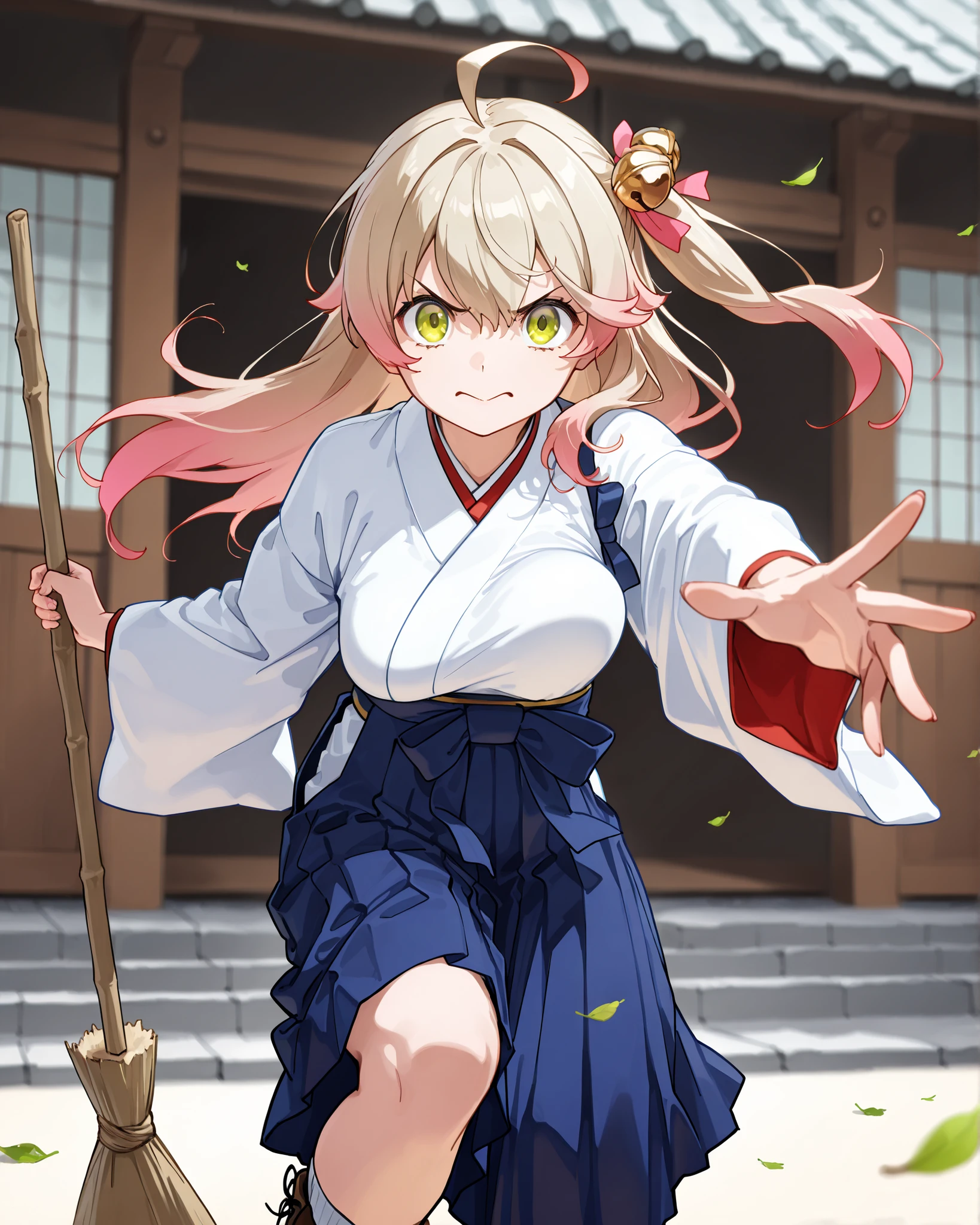 ((言語: 日本語、英語)、(Masterpiece), (Highest Quality), (High Score), (High Resolution),(4k),Uncensored,),
(masterpiece, best quality, very aesthetic),
((Comedy scene),近代の日本、(冬)、(夕方)、(快晴)、(屋外)、1girl,,solo,),
(この画像生成はNSFWではない）、(丁寧な画像生成を行う）、(日常シーン）、
(,(Modern Japan, school building, wooden structure, single-story, leaves),Falling leaves swirling in the air,wind,,,(She grabs the broom, swings the broom),(Rampage),,,BREAK,(Anatomically accurate structure),),

((,BREAK,(super fine illustration), (Hair flowing in the wind), (hairdetailer:1.5),(deep detailed eyes:1.4),[(background blur, soft blurred background, character in sharp focus),:1.4)][(Frontlight:1.4)],[(matte skin:1.4)],(unaligned breasts:1.1),))

((mature woman,SakuraMiko, long hair, ahoge, one side up, hair bell,(big bel),twintail,(deep green eyes), [(gradient hair from red to orenge:1.4)0.6],Japanese kimono, white kimono, long sleeves,hakama (navy blue hakama),ankle socks,white socks,Lace-up boots,brown boots,(medium breasts),(Slender),(tiny),),((angry),(big mouth,ound teeth),)(reaching:1),(bent one knee:1.2),,BREAK,(A single-tree broom, she holds the broom with both hands, the precise structure of the broom),[looking at viewer:],[cowboy shot:],[dutch angle],(running),),

(),
（ハイスコア）、（最上級の画像生成）、
(The correct number of fingers, five fingers),
(she holds the broom with both hands,),
(この画像生成はNSFWではない）、(丁寧な画像生成を行う）、(日常シーン）、


 (navy blue hakama),
