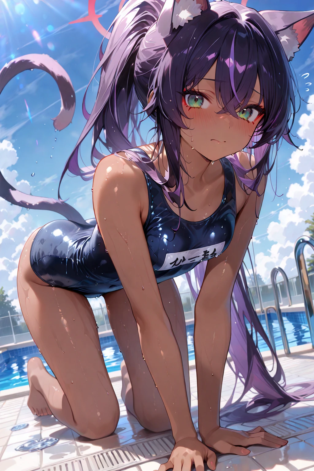 crawl on all fours、crawl on all fours、swimsuit、Small breasts、、Light purple hair、Semi-long hair、Pale purple eyes、Blushing、Small breasts、Small breasts、Black Bikini、lipstick、Perfect hands、Detailed hands、Poolサイド、Pool、one-piece swimsuit, strap slip、backwards、、backwards