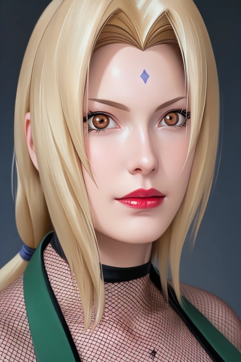 a close up of a person with long hair and a green tank top, tsunade senju, tsunade senju from anime naruto, as an anime character, perfect anime face, she has yellow hair with bangs, female anime character, anime character, anime best girl, hime cut hairstyle, yellow hair, (red glossy lips:1.3), yellow eyes, big breasts, smile, city background, (beautiful face:1.3) 