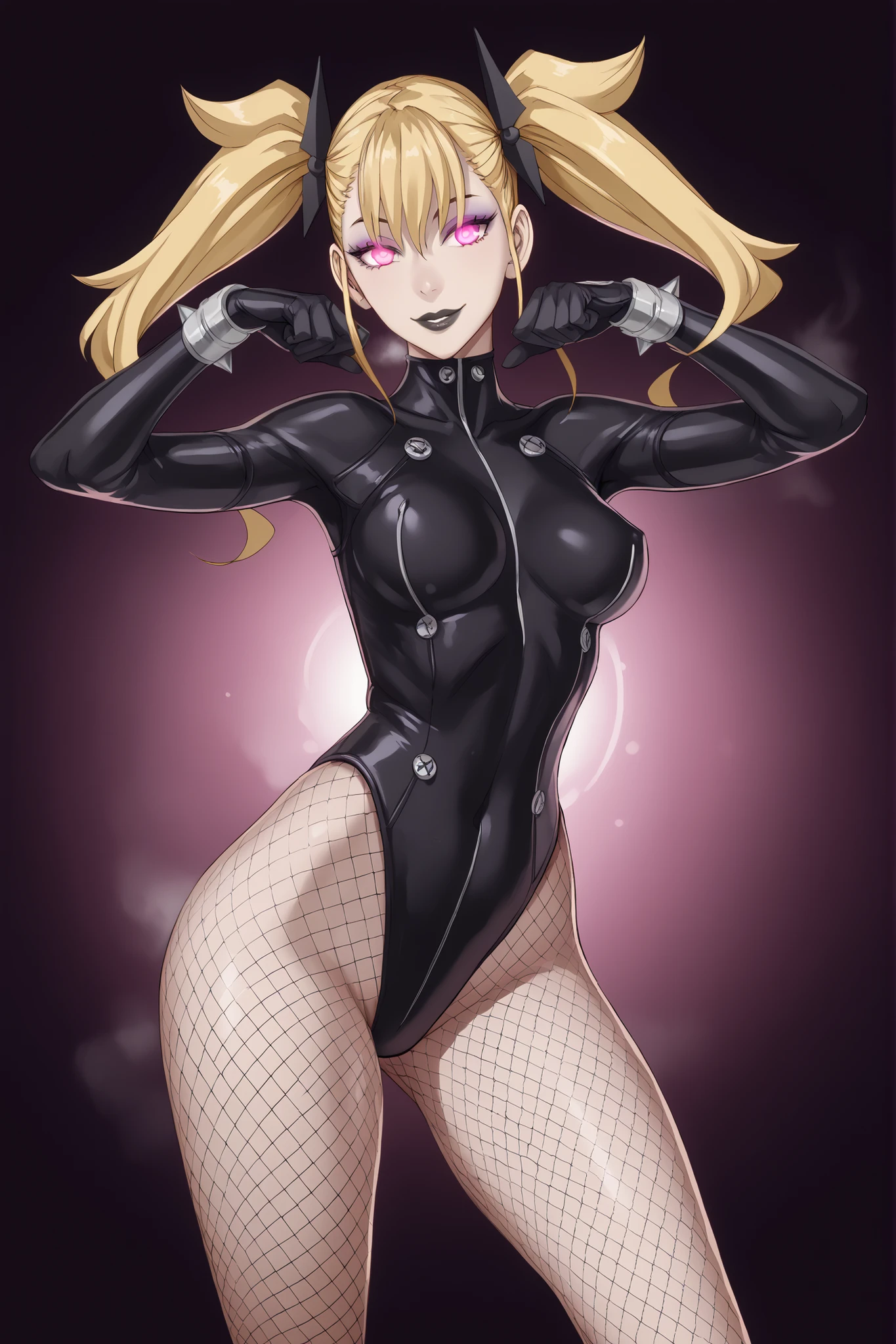 Kikoru Shinomiya. Blonde hair. Twintails. Villain eyeshadow. Purple eyeshadow. Pink glowing eyes. Cynical smile. Black lips. Glossy. Black latex costume. Leotard. Black gloves. Fishnet tights. Perky breasts. Large waist. Detailed thighs. Crotch tattoo. Spiked accessories. Standing upright. Saluting pose. Mechanical background. Cables. Steam engine. Mechanical luminescence.