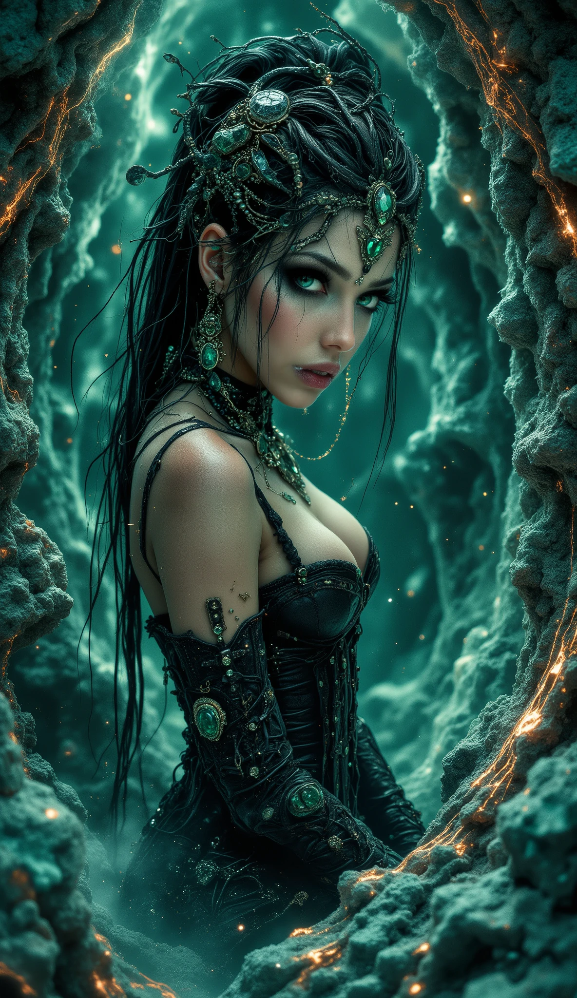 surrealism, turquoise background, blurred watercolor, professional model as the Mistress of the Copper Mountain, captivating green eyes, bold modern look: black corset and high leather lace-up boots adorned with exquisite emerald and raw malachite jewelry, beautiful face, intense gaze, inside a magnificent geodesic cave with giant copper and malachite crystals.