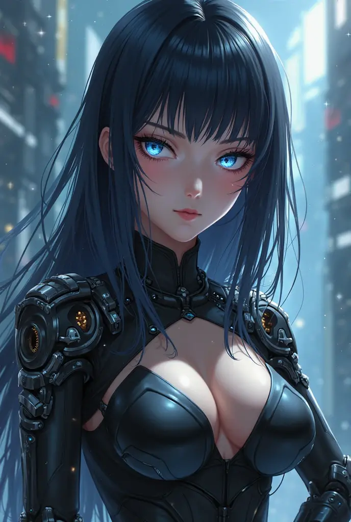 (masterpiece), (highest quality), Ultra-high resolution, Sharp focus, ((1 female, alone)), whole body, Cyberpunk Theme, Beautiful detailed hair, Light blue hair, long hair hangs down, Beautifully detailed face, ((Beautifully shaped eyes, Blue Eyes)), Perfect feminine face, View your viewers, Feminine navy blue enamel cyberpunk outfit,Techwear Jacket,refined armor, Neon lights in the city of bright colors, (At night:1.2)