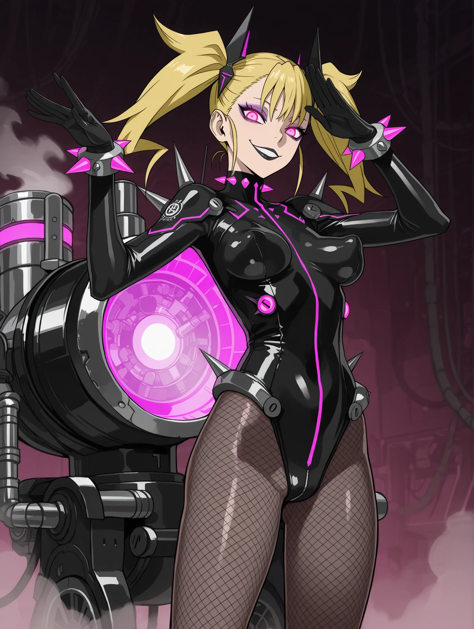 Kikoru Shinomiya. Blonde hair. Twintails. Villain eyeshadow. Purple eyeshadow. Pink glowing eyes. Cynical smile. Black lips. Glossy. Black latex costume. Leotard. Black gloves. Fishnet tights. Perky . Large waist. Detailed thighs. tattoo. Spiked accessories. Standing upright. Saluting pose. Mechanical background. Cables. Steam engine. Mechanical luminescence.
