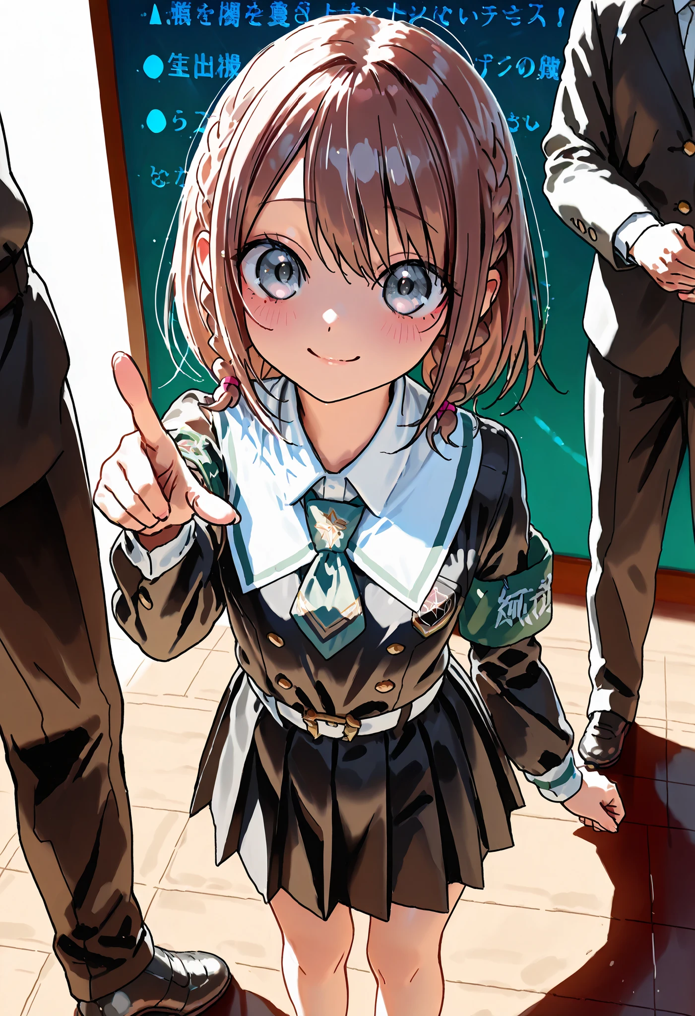 Little Girl with High Pressure Discipline Ceaman,((from ↑:1.2)),(((Disciplinary Committee Chairman's Armband))),Approximately 150 cm,charismatic presence, tall male students surrounding her,Pointing and Instructions,4K High Resolution,high dynamic range,brown hair,shortcuts,disheveled hair,short braided hair,neat,Slender Beauty,Correct Attitude,small tits,beautiful legs,have enchanting gray-blue eyes that shine like stars,Saggy Eyes,Brilliant Colors,beautiful eyes,A delicate smile,textured skin on a mirror placed on the floor,Best Quality,gentle and beautiful woman,anime style、excellent detailed depiction with ultra-realistic digital illustrations,Deep color ,dramatic lighting,Precise Textures,Little Girl with High Pressure Discipline Ceaman, Disciplinary Committee Chairman's Armband, Approximately 150 cm, charismatic presence, pointing to students, 4K Realistic Illustration, Extremely Detailed, professional, Brilliant Colors, Delicate Light and Shadow, Central Person on the Disciplinary Committee, Strictly Instructs Students, Coercive action, Small but Strong Presence, Trying to solve school problems You