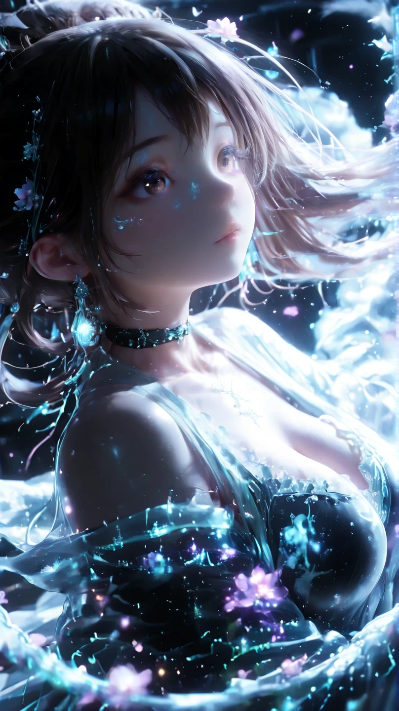 high resolution, best quality, masterpiece, ultra high definition, ultra high definition, ultra realistic, 3d, anime, illustration, background kaleidoscope, solo, beauty cute lady, big glossy blue eyes, glossy gray long wavy bob cut, gentle smile, full body, perfect best proportion, 10 heads tall, thin lace camisole dress and shawl