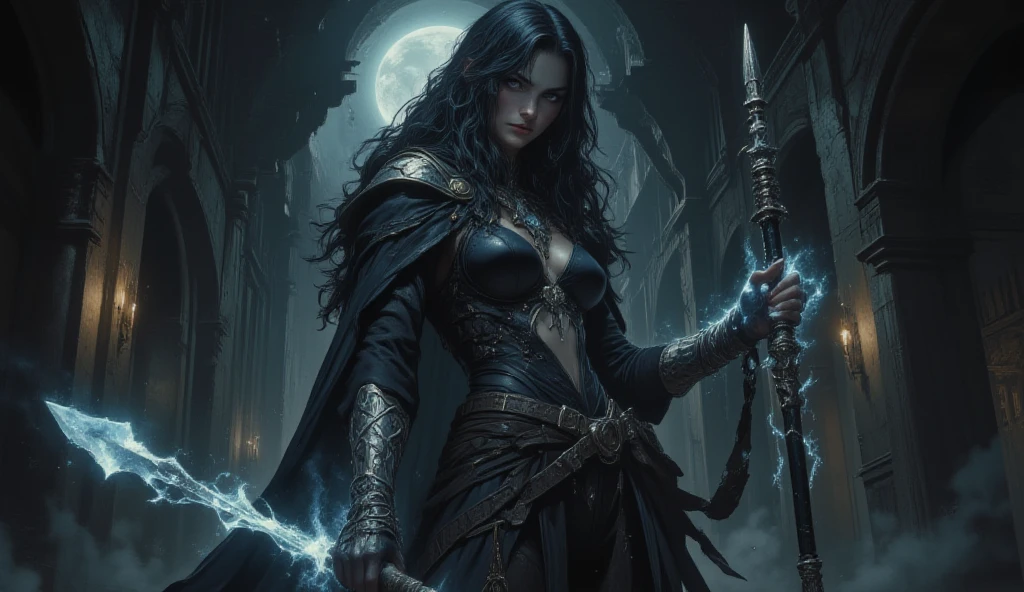 (photoralism:1.2), Very detailed, Ultra-high resolution, High Contrast, masterpiece, realistic, Scary stormy scene, pretty woman, golden eyes, black hair, frightening black dress with armor, witch, purple magic, intricate staff with purple magic, evil, commanding, wicked grin, streaks on eyes