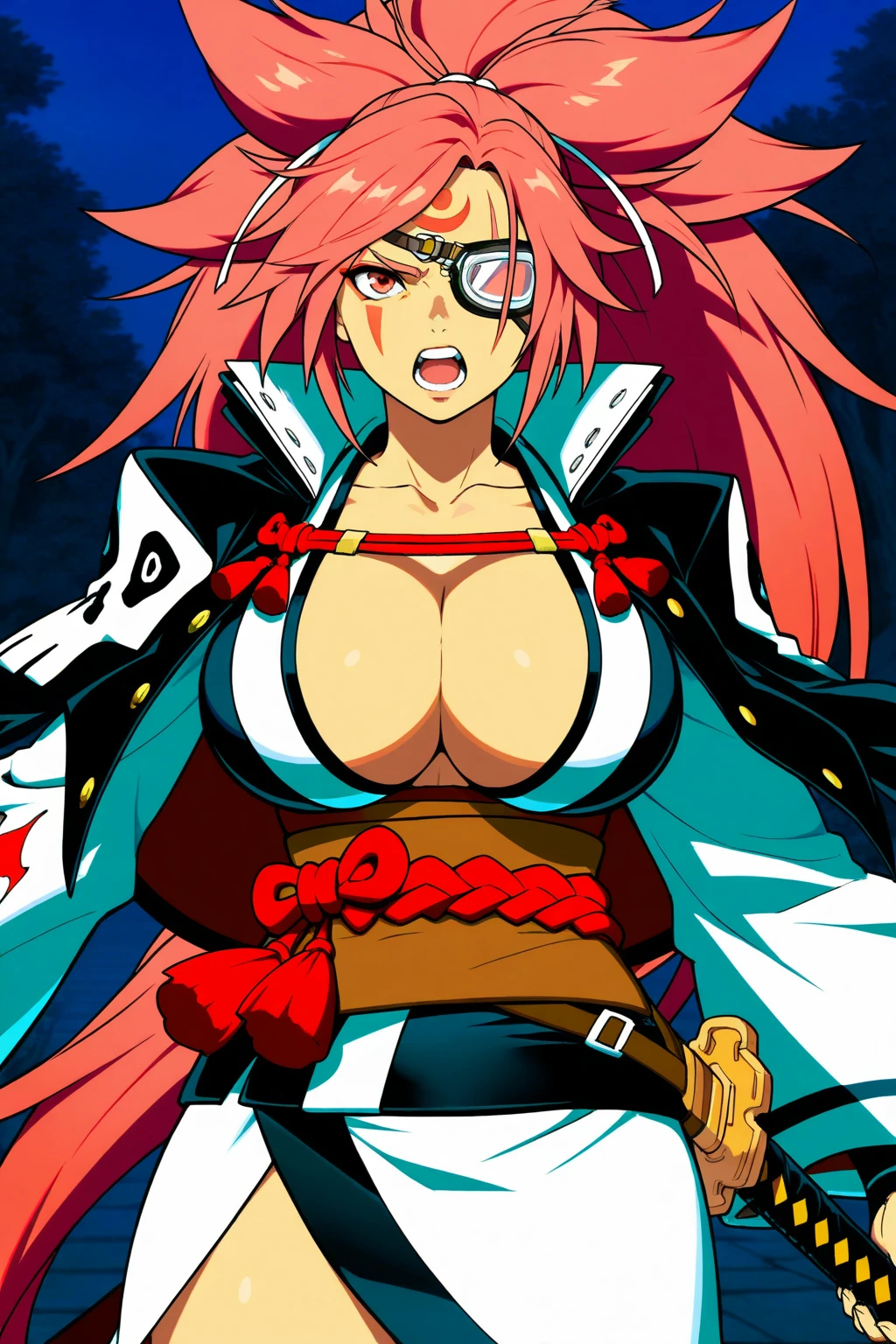 (Obra maestra:1.3),(muy detallado:1.3),(high resolution:1.1),Mejor calidad,ultra-detalle, katana,solo,jelobaiken,pechos enormes,Amputado,amputee,one arm,parche en el ojo,eye patch,tuerto,chaqueta negra,kimono ?????,ropa abierta,ropa japonesa,faja,pechos, ???????, huge breats, pink hair, pelo rosa, japon, japan, japanese city, noche, night