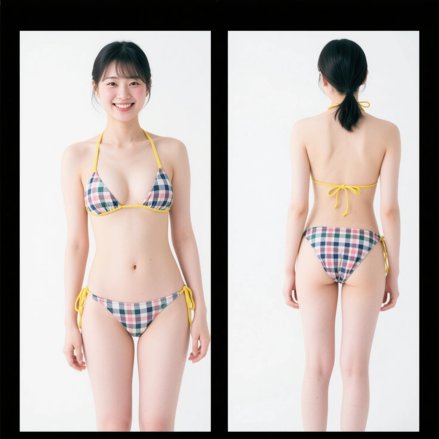 ((((((13 years old))))))、(((Ojamajo Doremi : 1.0)))、(((A charming face)))、(((Young face)))、(((beautiful girl)))、(((A beautiful woman)))、Beautiful woman、Cute woman、((Innocent face))、((Smile))、((Ultra-detailed face))、((Detailed lips))、((Detailed eyes))、((double eyelid))、(((Beautiful Face)))、(((Beautiful, well-shaped eyes)))、(((Beautiful, well-shaped lips)))、Very Short Hair、ponytail、Pixie cut、BREAK、BREAK、(((Ojamajo Doremiがビキニを着ている)))、(((Wearing colorful bikinis)))、(Off the shoulder)、BREAK、8 heads、(((slender)))、(((Slim body)))、(((Thin body)))、(((Slim woman)))、(Flat :1.5)、BREAK、Photographic quality、Natural light、(フォトRealistic:1.4)、(Highest quality:1.2)、(Ultra-high resolution:1.2)、8K、RAW Photos、Realistic、High Detail、Film Grain、Detail Skin、Symmetrical、Delicate skin、Real human skin、pores、Super detailed、Detailed、(masterpiece : 1.2)、Thin face、Sharp Face、Small Face、Small face、Narrow shoulders、Small shoulders、Small shoulders幅、Slim shoulders、Narrow shoulders幅、Beautiful Japanese Woman、Beautiful Korean Woman、Slim womanモデル、Young Gravure Idol、Realistic young gravure idol、Young Sensual Gravure Idol、Young Pretty Gravure Idol、Japanese Model、Young Gravure Idol、((From the knee up)) 、(arms behind back:1.3)